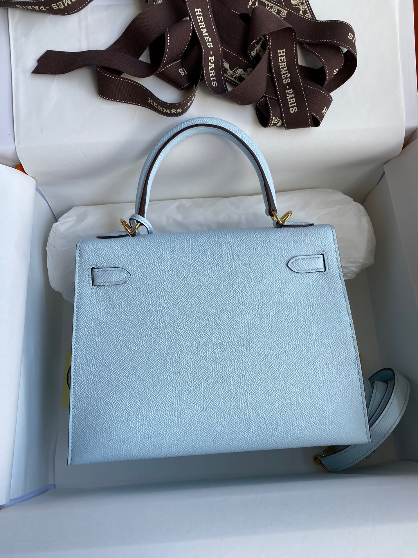 Hermes Epsom Kelly 25cm Sellier Handmade Celeste Bag