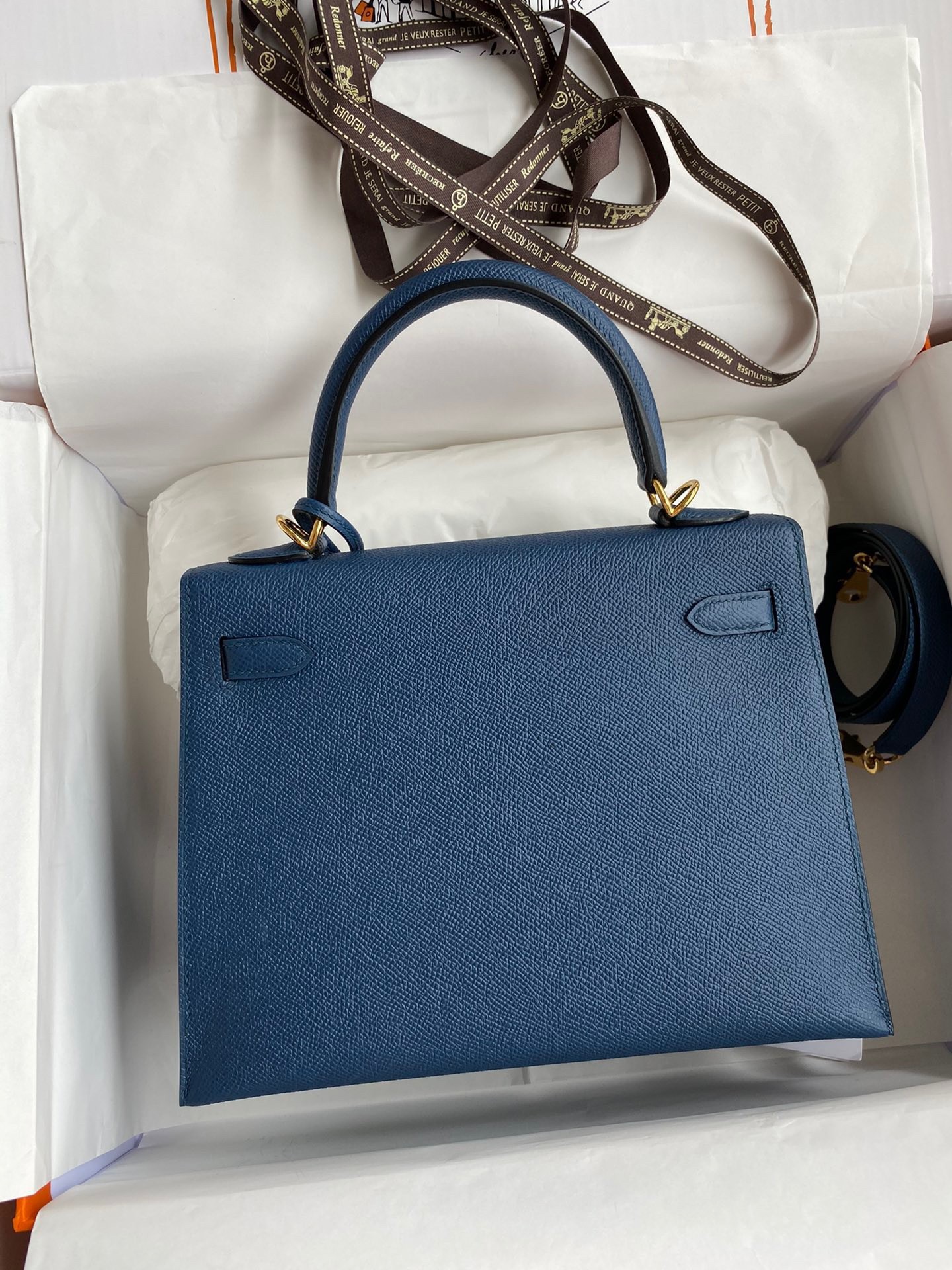 Hermes Epsom Kelly 25cm Sellier Handmade Deep Blue Bag