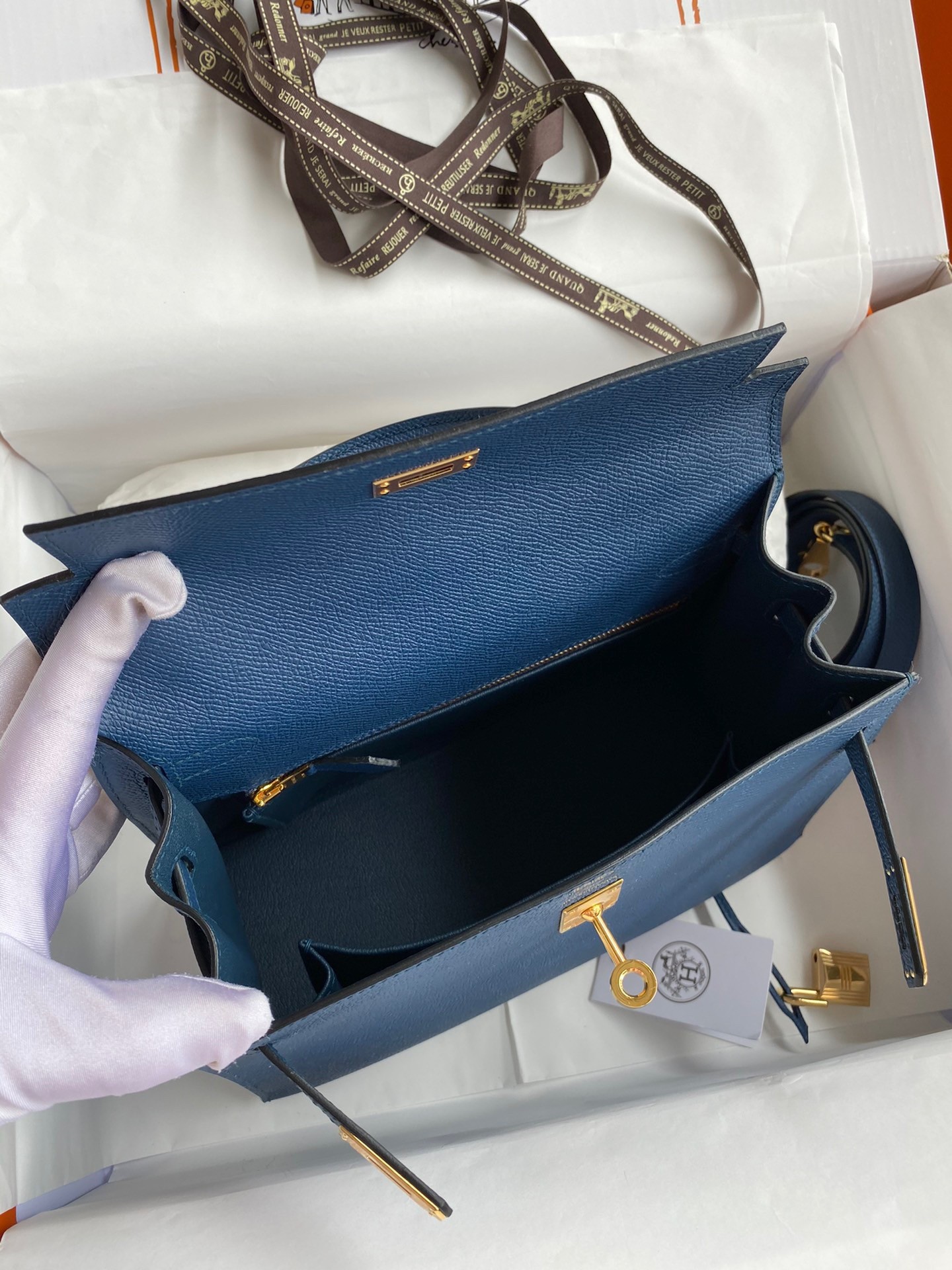 Hermes Epsom Kelly 25cm Sellier Handmade Deep Blue Bag