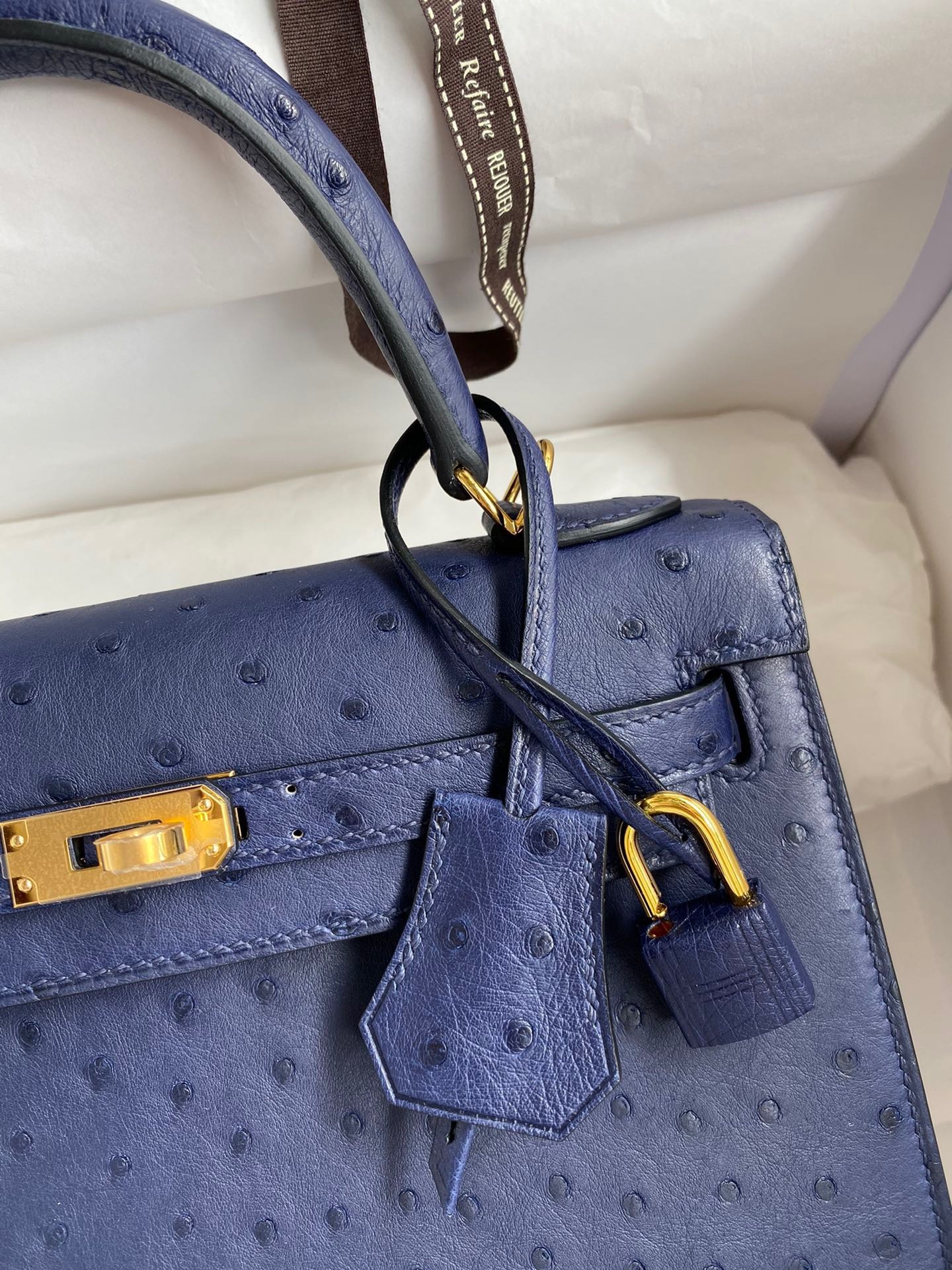 Hermes Kelly Sellier 25 Handmade Bag In Blue Iris Ostrich Leather