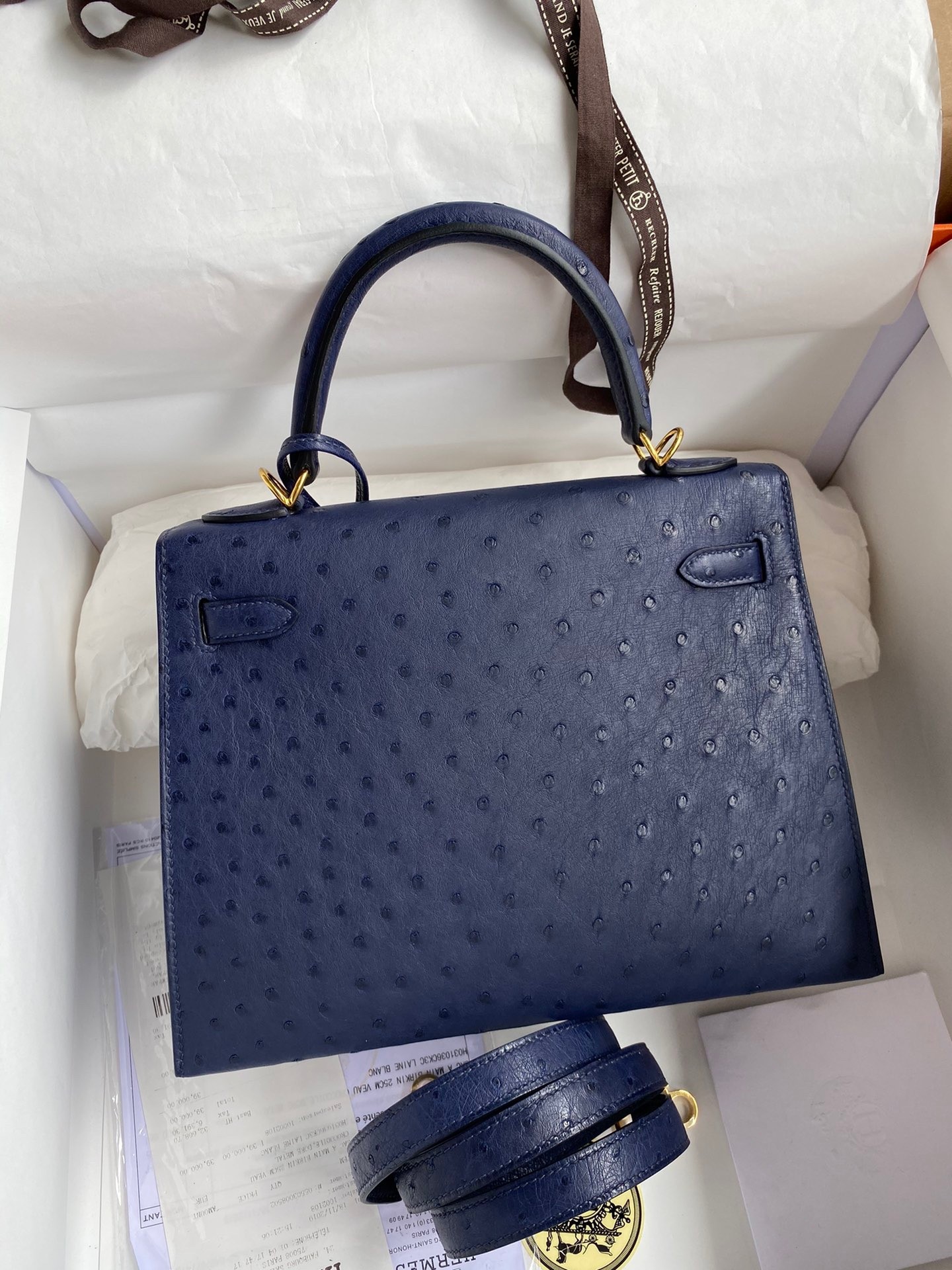 Hermes Kelly Sellier 25 Handmade Bag In Blue Iris Ostrich Leather