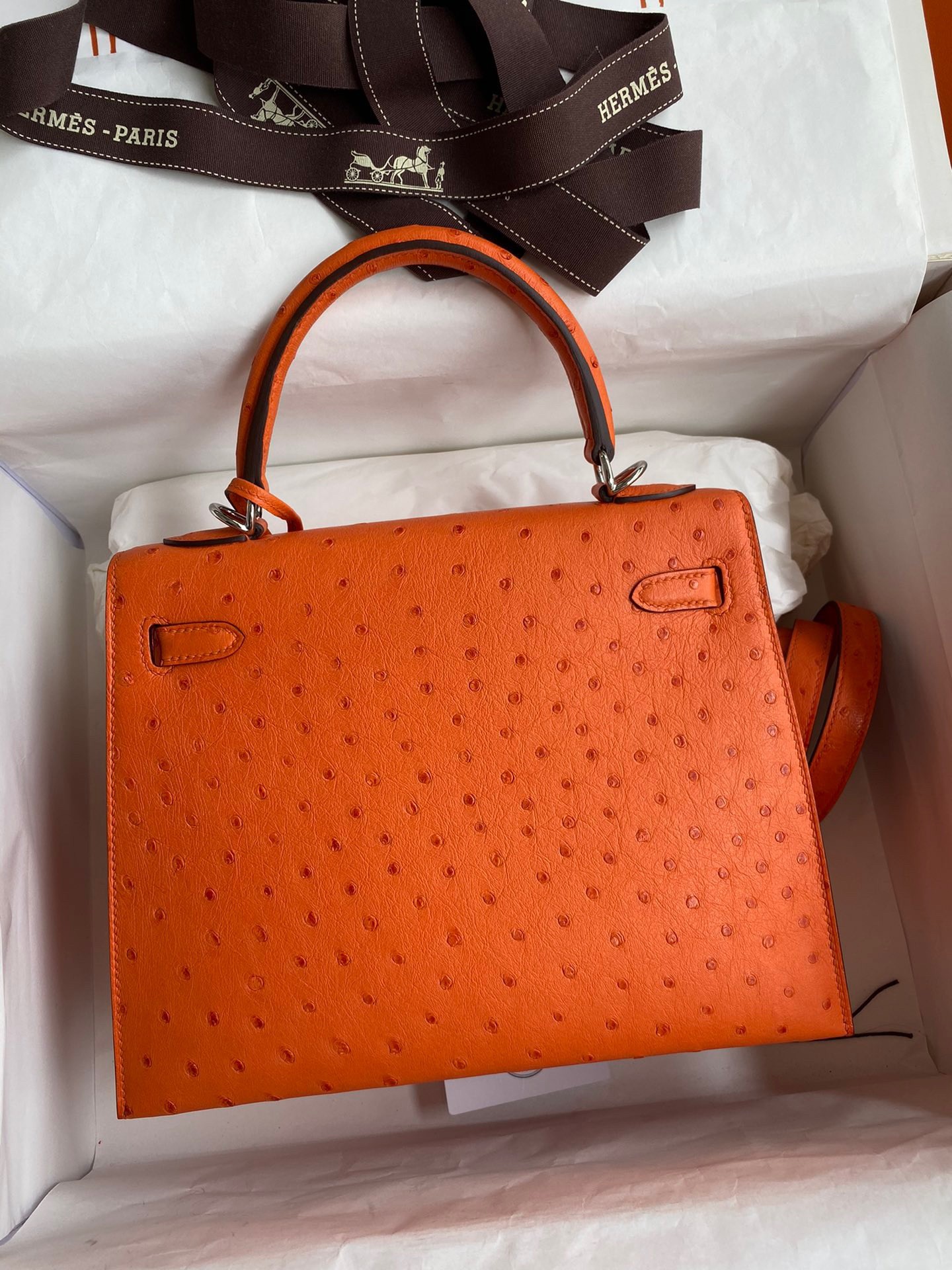 Hermes Kelly Sellier 25 Handmade Bag In Orange Ostrich Leather