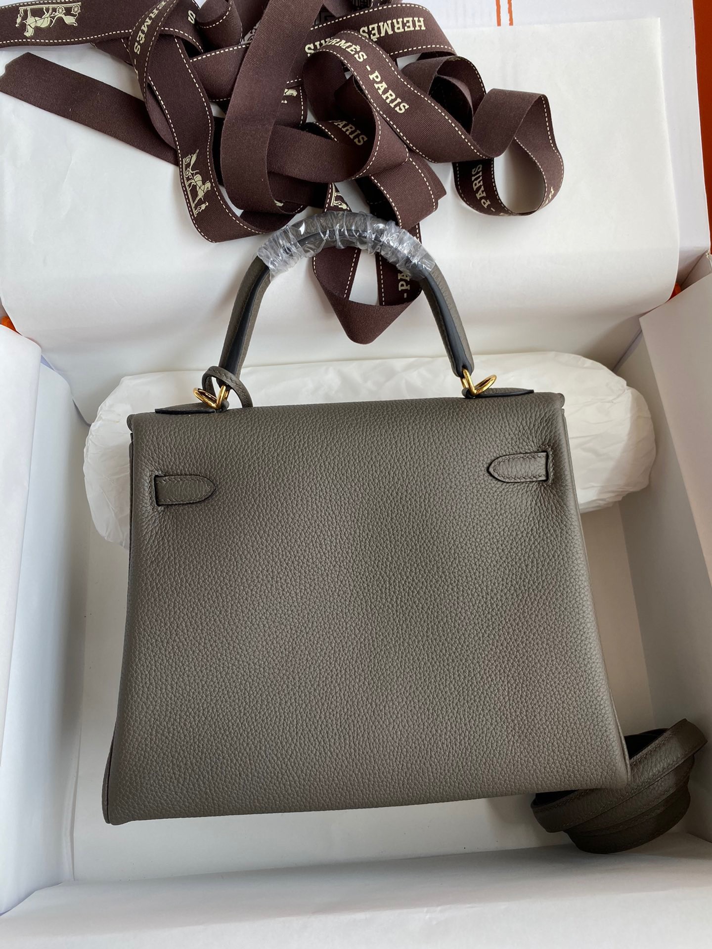 Hermes Kelly Retourne 25 Handmade Bag In Etain Clemence Leather