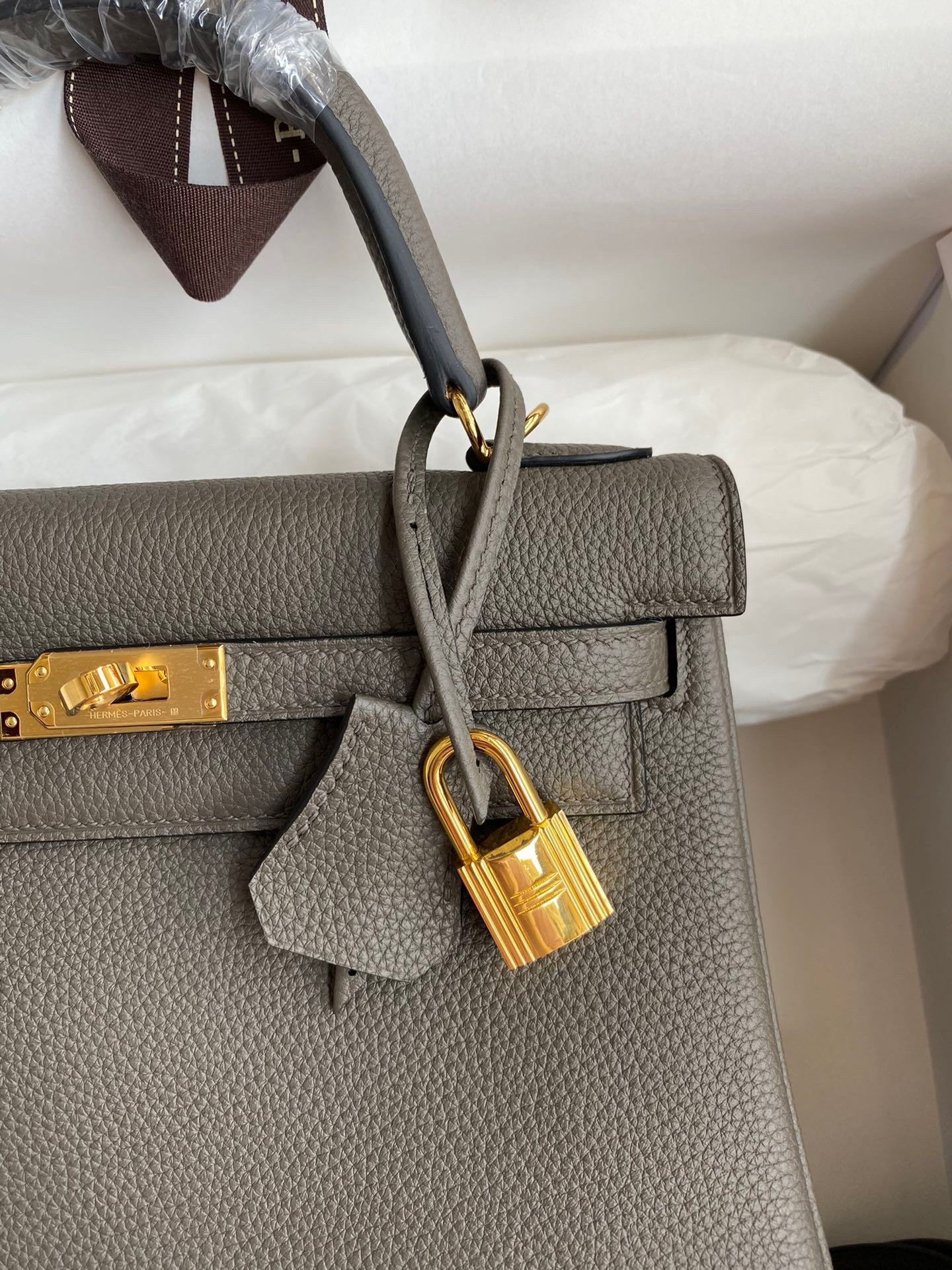 Hermes Kelly Retourne 25 Handmade Bag In Etain Clemence Leather