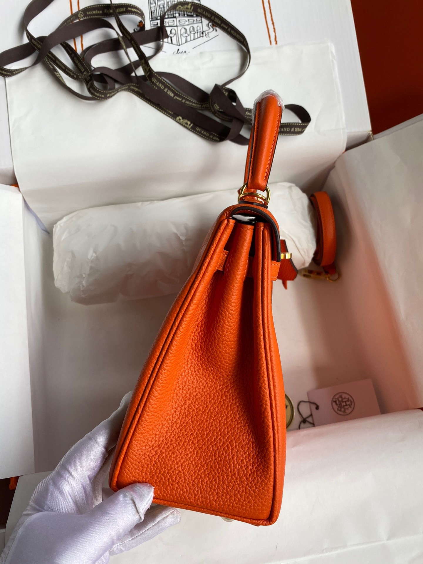 Hermes Kelly Retourne 25 Handmade Bag In Orange Clemence Leather