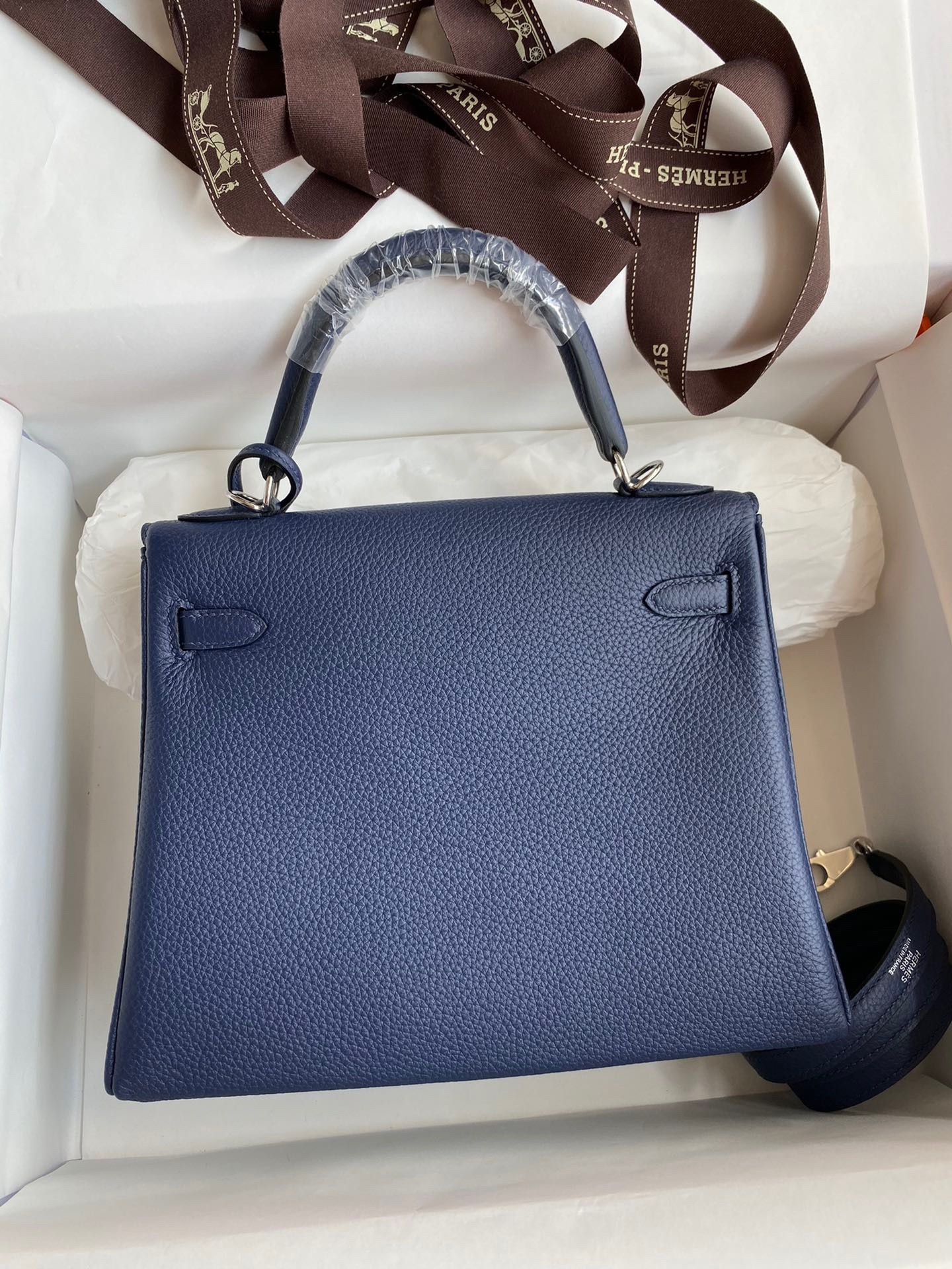 Hermes Kelly Retourne 25 Handmade Bag In Blue Saphir Clemence Leather