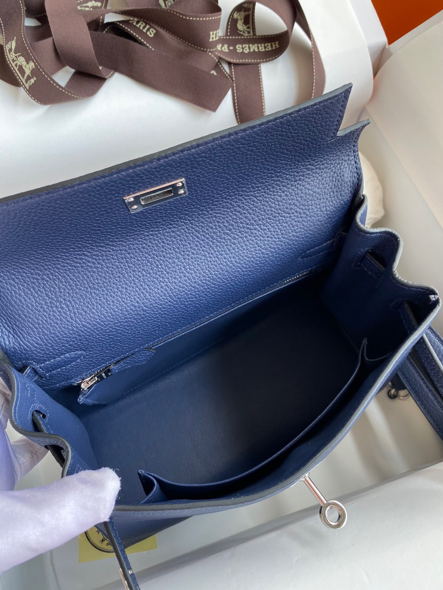 Hermes Kelly Retourne 25 Handmade Bag In Blue Saphir Clemence Leather