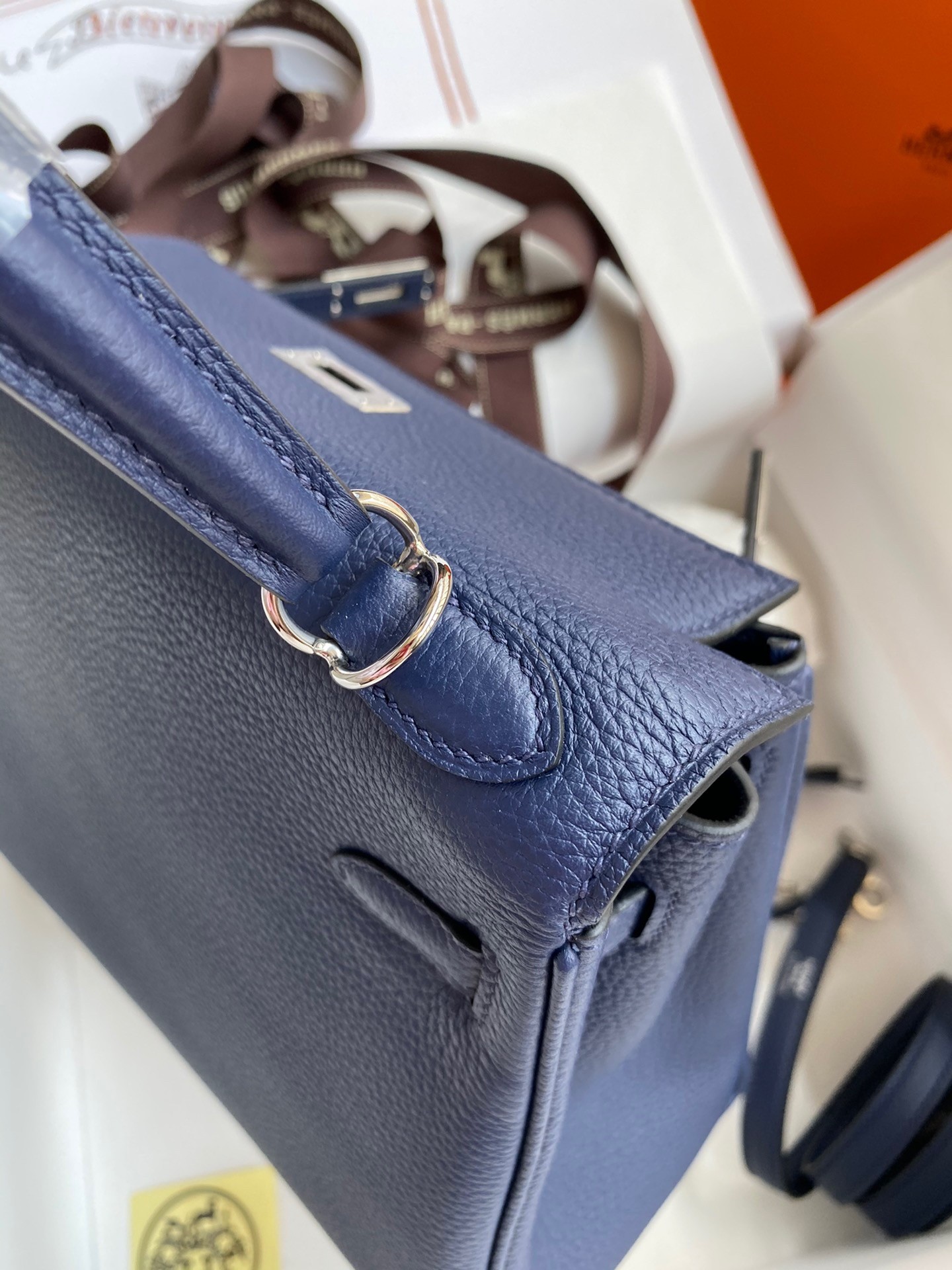 Hermes Kelly Retourne 25 Handmade Bag In Blue Saphir Clemence Leather