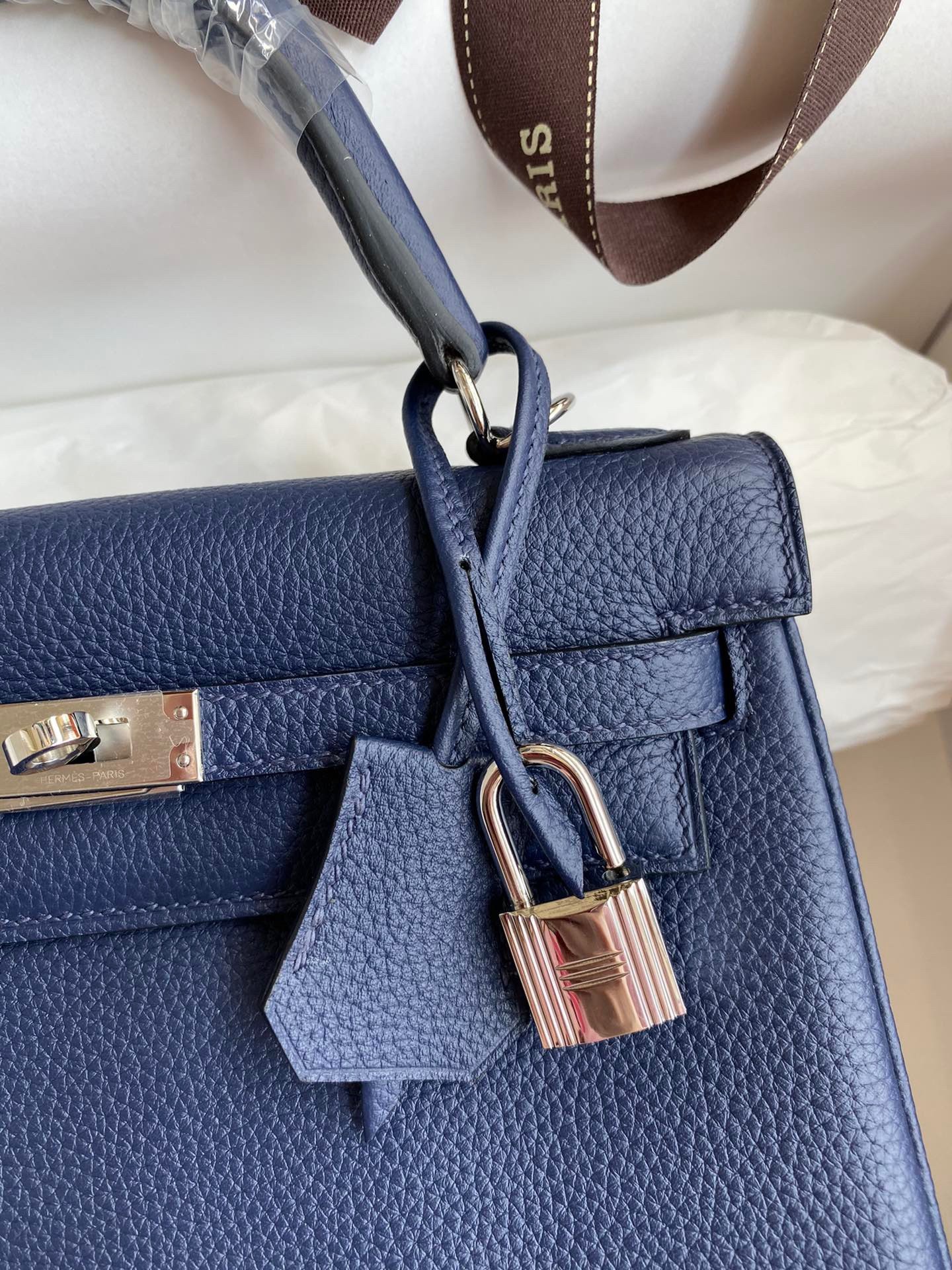 Hermes Kelly Retourne 25 Handmade Bag In Blue Saphir Clemence Leather