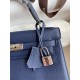 Hermes Kelly Retourne 25 Handmade Bag In Blue Saphir Clemence Leather