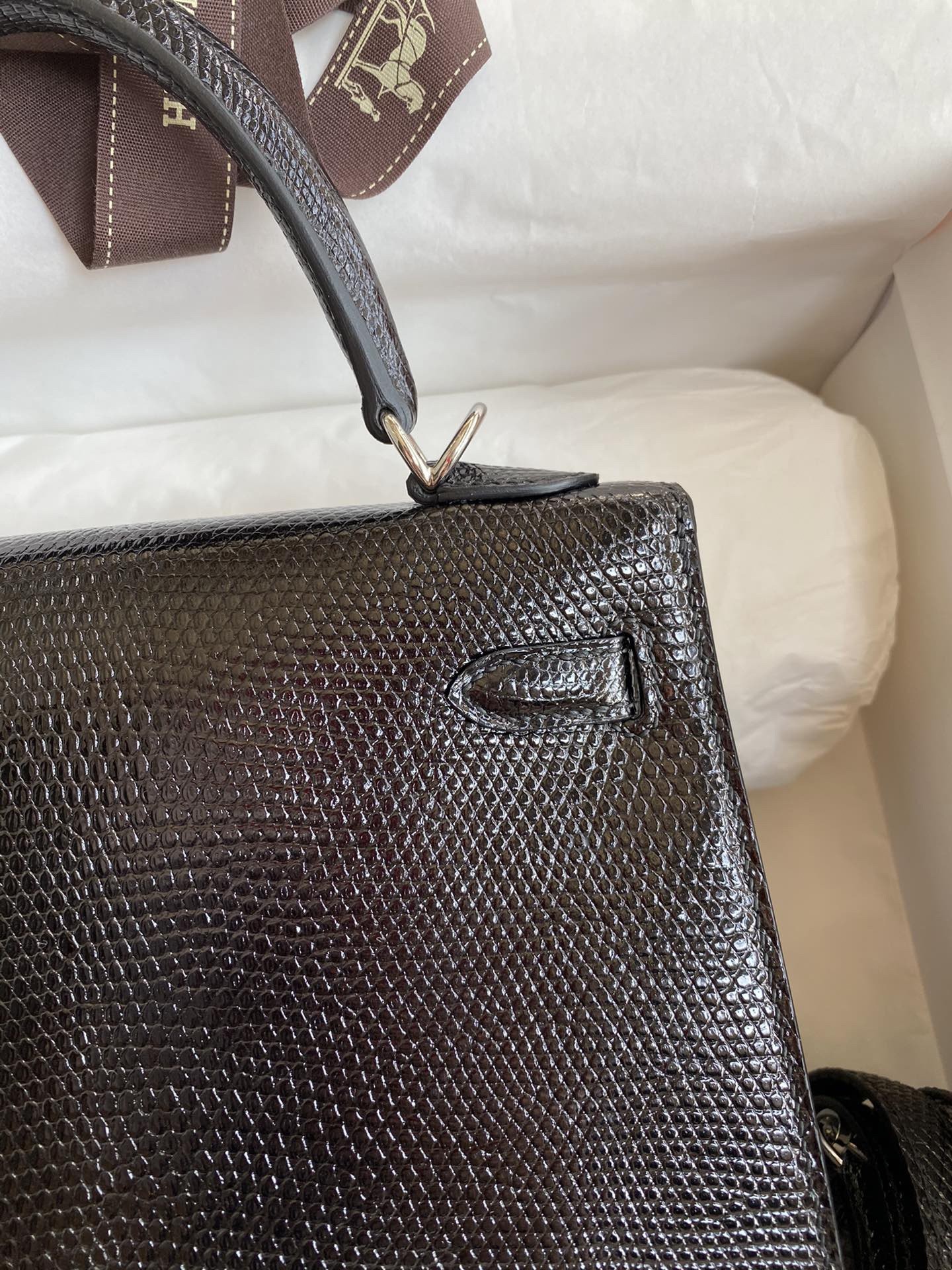 Hermes Kelly Sellier 25 Handmade Bag In Black Lizard Leather