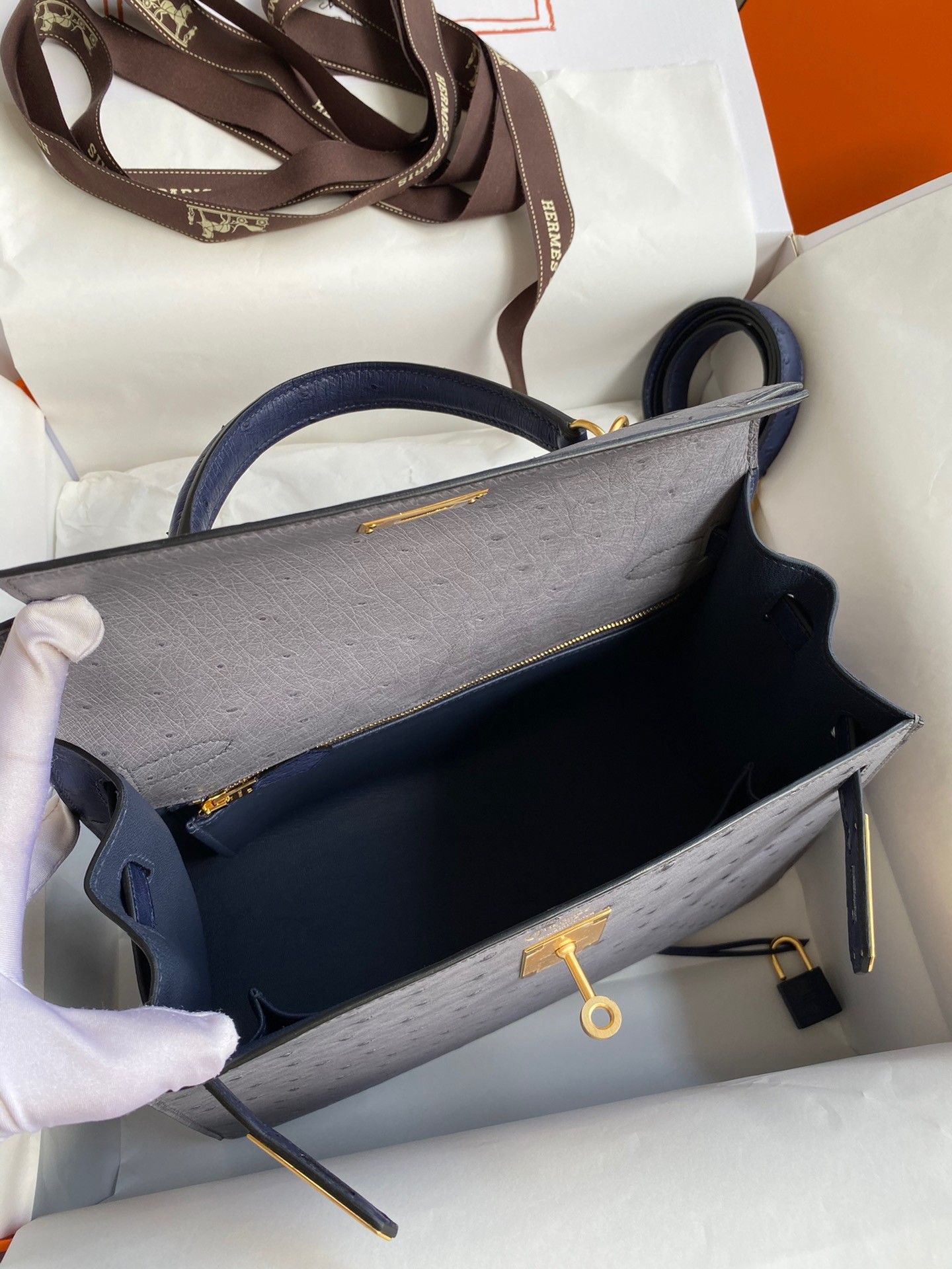 Hermes Kelly Sellier 25 Bicolor Bag in Gris Agate and Blue Ostrich Leather