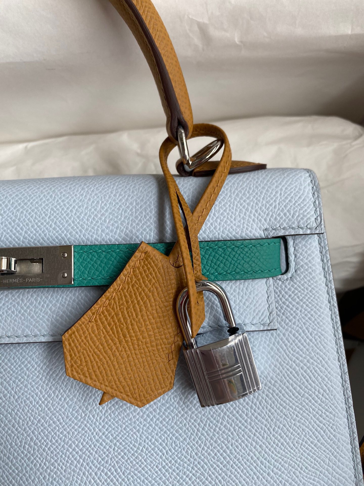 Hermes Kelly Sellier 25 Tricolor Bag in Blue/Green/SesameEpsom Calfskin