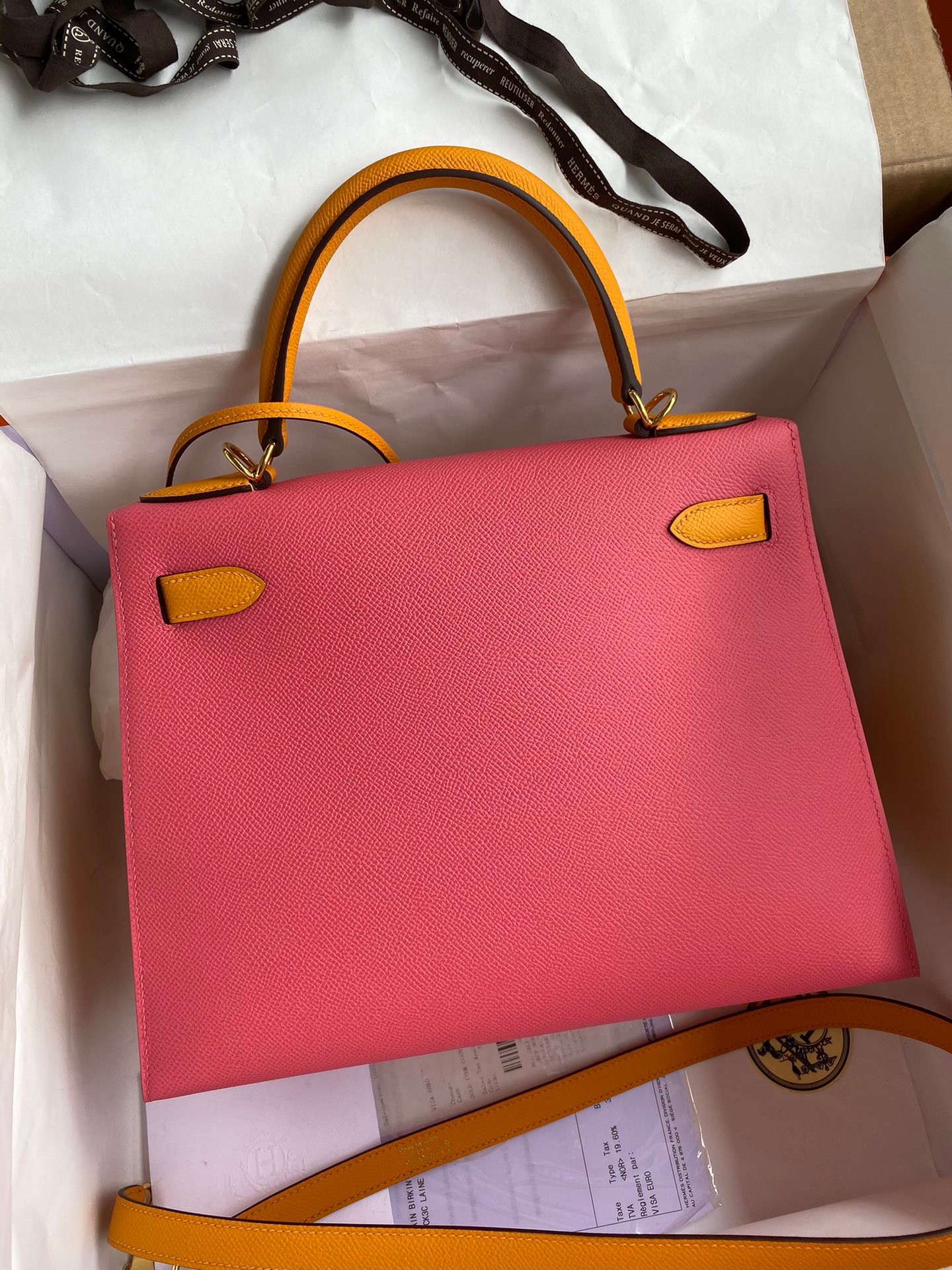 Hermes Kelly Sellier 28 Bicolor Bag in Rose Lipstick and Yellow Epsom Calfskin