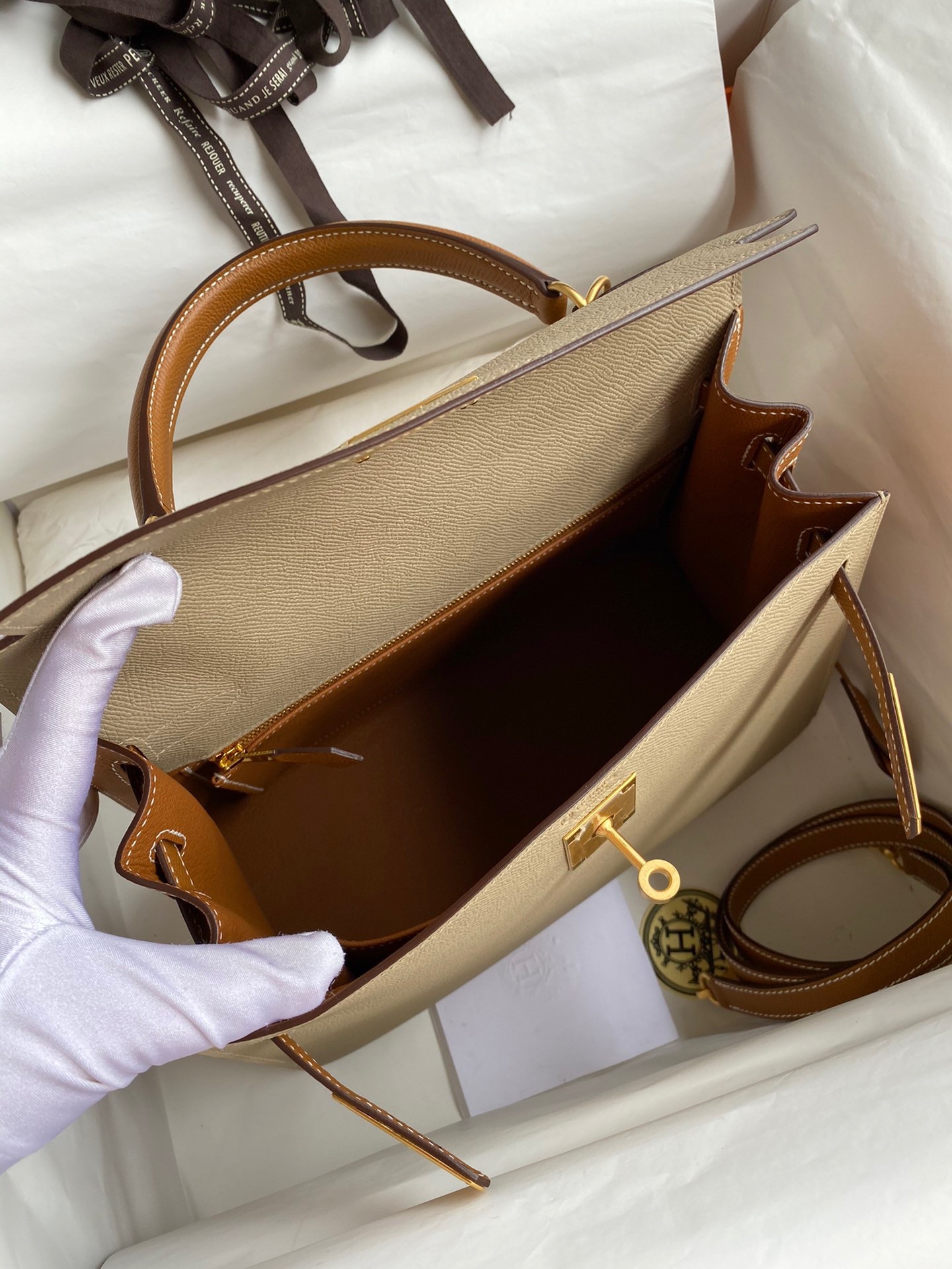 Hermes Kelly Sellier 28 Bicolor Bag in Trench and Gold Epsom Calfskin