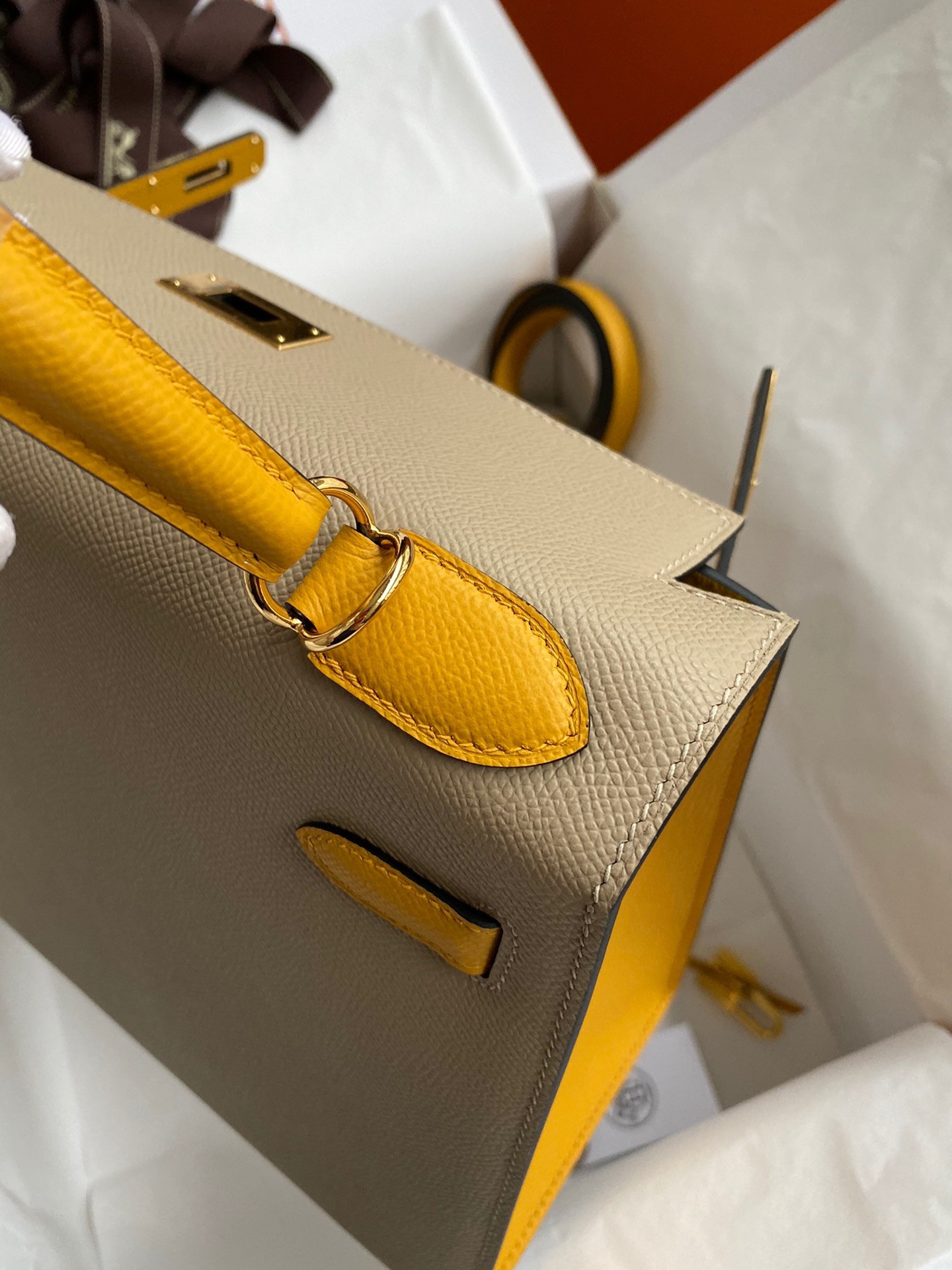 Hermes Kelly Sellier 28 Bicolor Bag in Trench and Yellow Epsom Calfskin