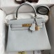 Hermes Kelly Retourne 28 Handmade Bag In Blue Glacier Clemence Leather