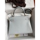 Hermes Kelly Retourne 28 Handmade Bag In Blue Glacier Clemence Leather