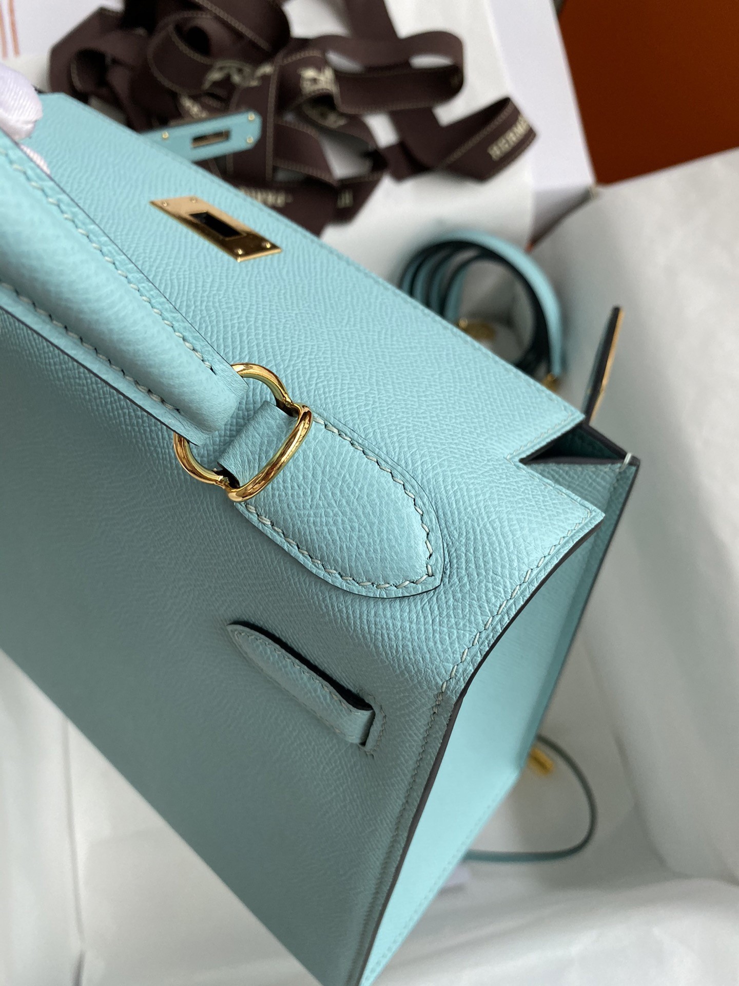 Hermes Kelly Sellier 28 Handmade Bag In Blue Atoll Epsom Calfskin