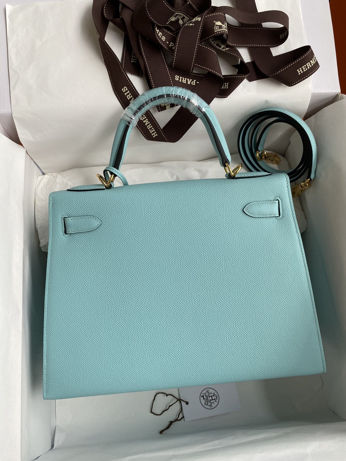 Hermes Kelly Sellier 28 Handmade Bag In Blue Atoll Epsom Calfskin