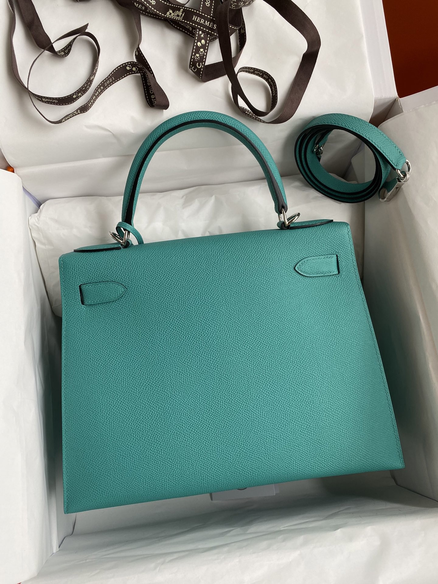 Hermes Kelly Sellier 28 Handmade Bag In Blue Paon Epsom Calfskin