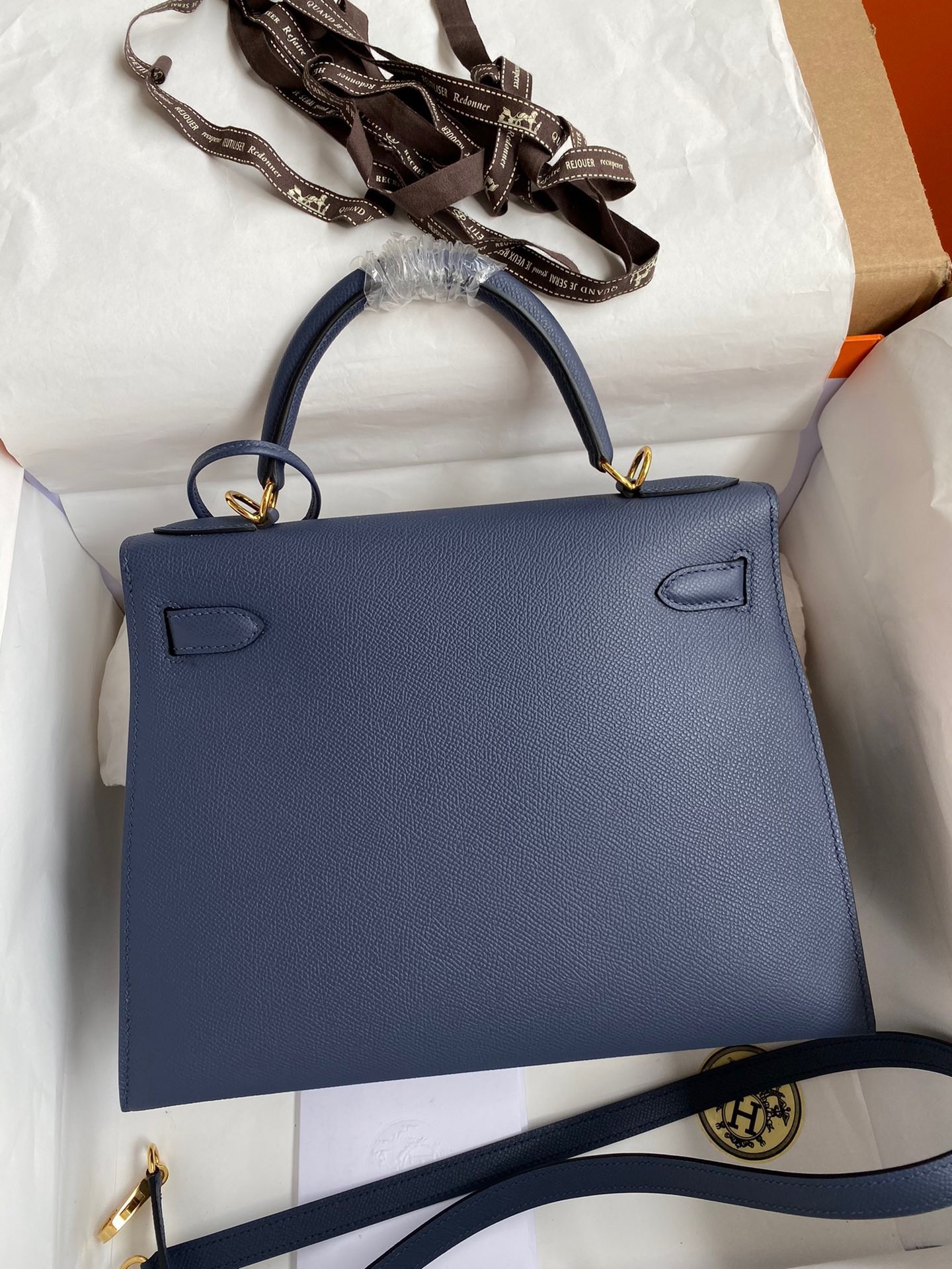 Hermes Kelly Sellier 28 Handmade Bag In Blue Saphir Epsom Calfskin