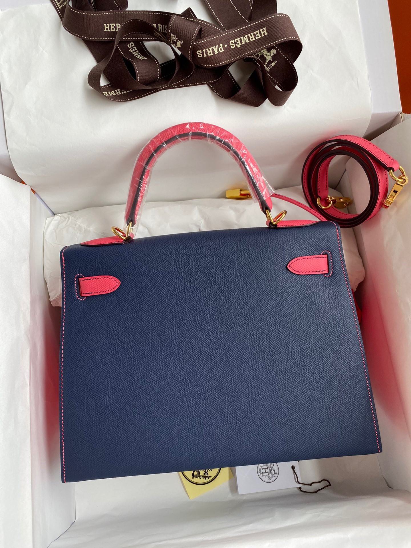 Hermes Kelly Sellier 28 Bicolor Bag in Blue Saphir and Rose Lipstick Epsom Calfskin