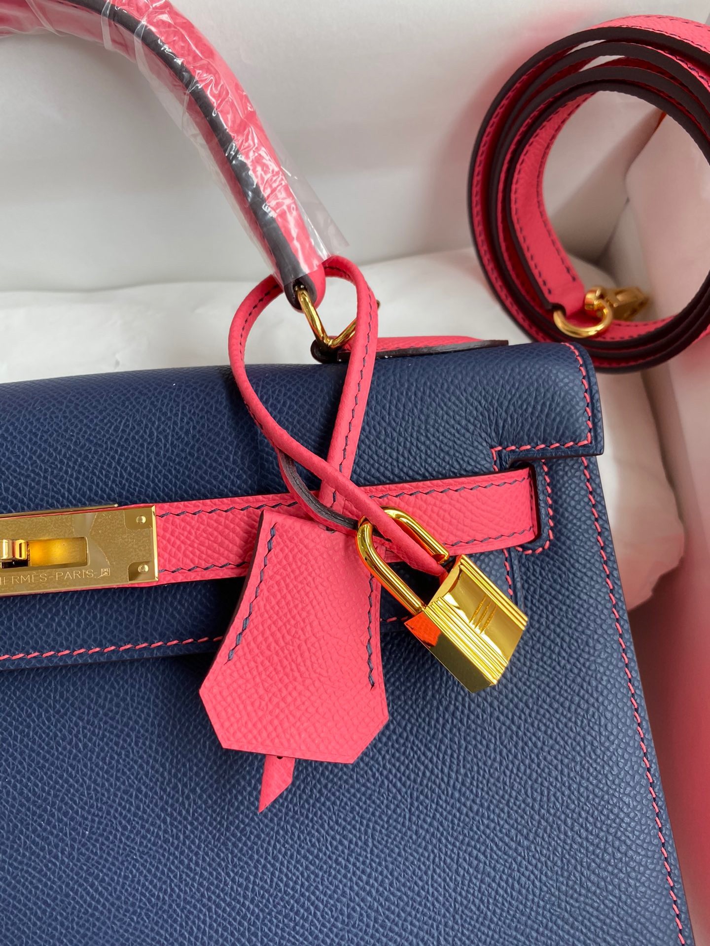 Hermes Kelly Sellier 28 Bicolor Bag in Blue Saphir and Rose Lipstick Epsom Calfskin