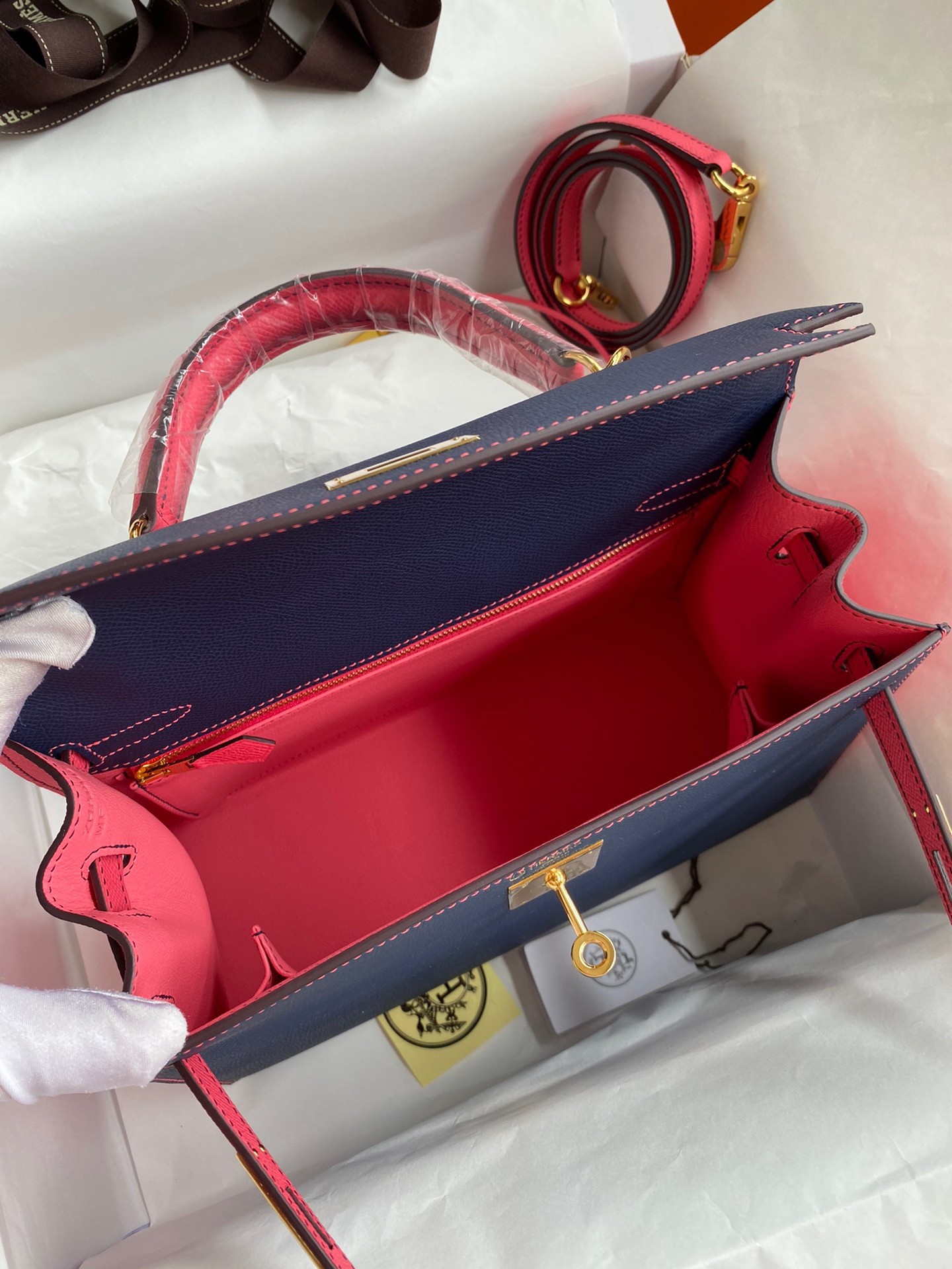 Hermes Kelly Sellier 28 Bicolor Bag in Blue Saphir and Rose Lipstick Epsom Calfskin