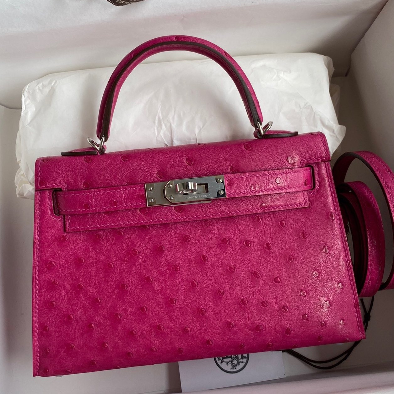 Hermes Kelly Mini II Sellier Handmade Bag In Rose Red Ostrich Leather