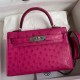 Hermes Kelly Mini II Sellier Handmade Bag In Rose Red Ostrich Leather