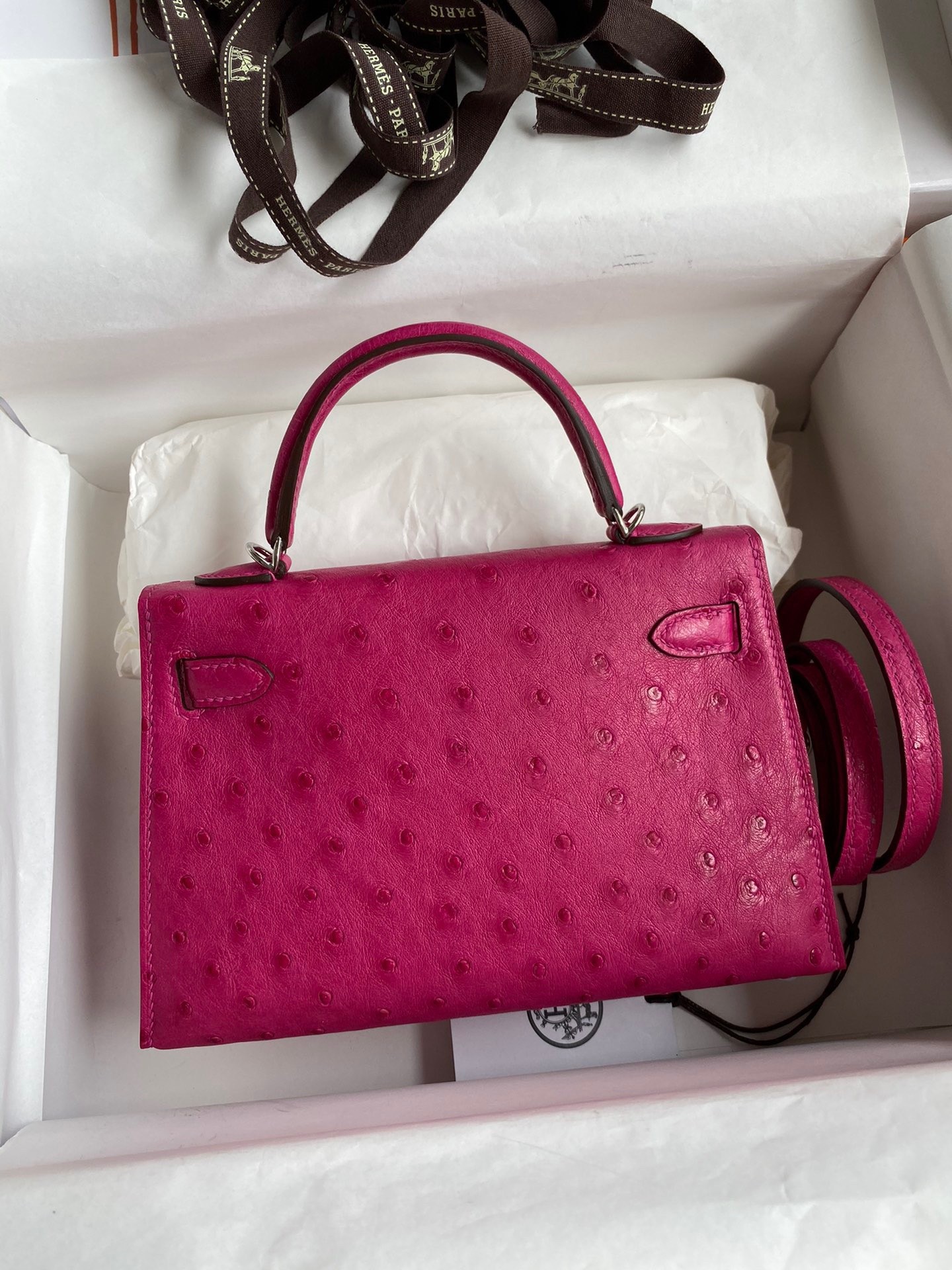 Hermes Kelly Mini II Sellier Handmade Bag In Rose Red Ostrich Leather