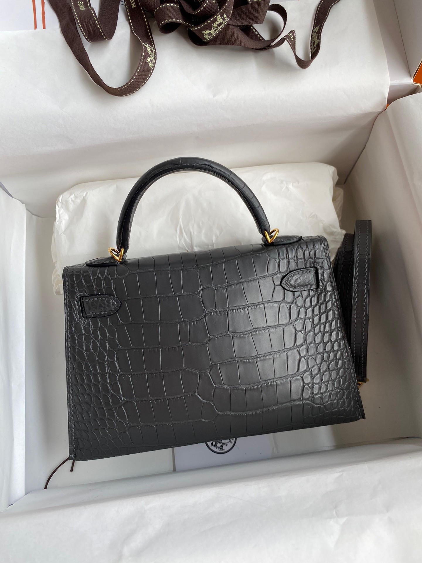 Hermes Kelly Mini II Sellier Handmade Bag In Graphite Matte Alligator Leather