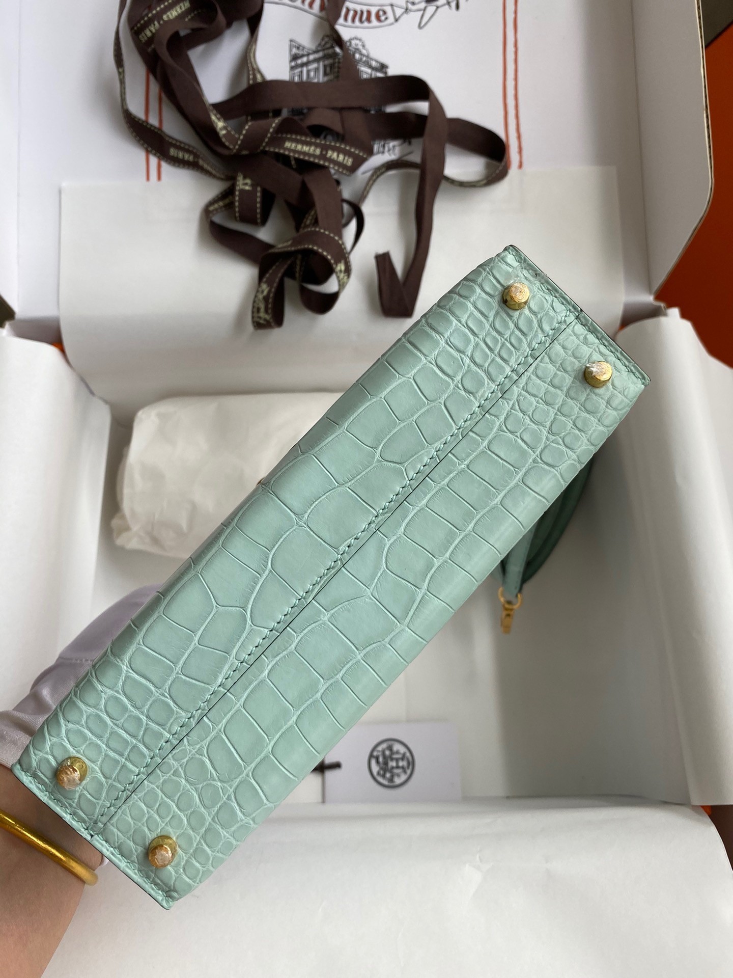 Hermes Kelly Mini II Sellier Handmade Bag In Vert D'eau Matte Alligator Leather