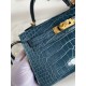 Hermes Kelly Mini II Sellier Handmade Bag In Blue Jean Shiny Alligator Leather