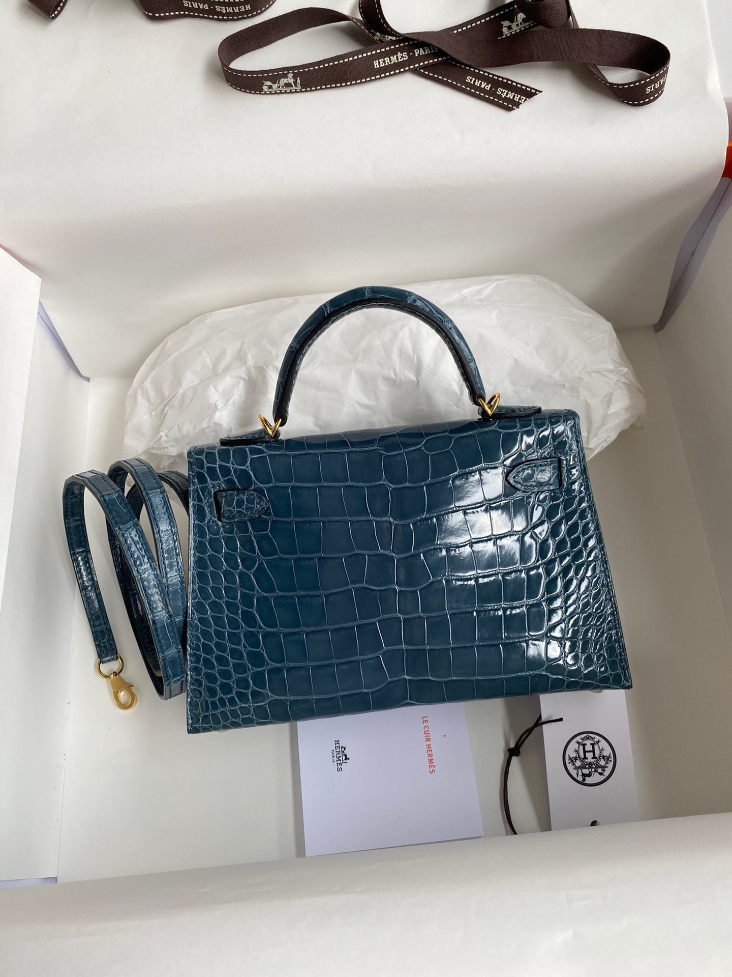 Hermes Kelly Mini II Sellier Handmade Bag In Blue Jean Shiny Alligator Leather