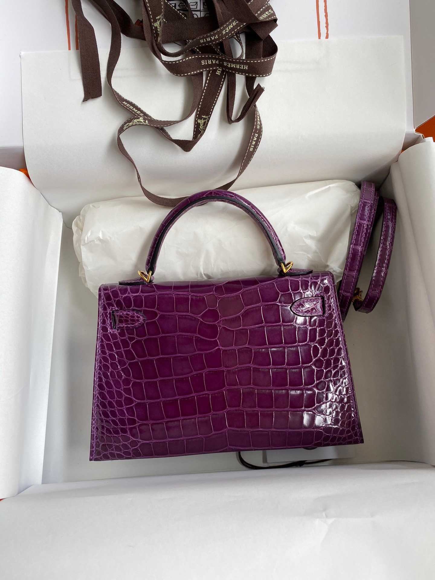 Hermes Kelly Mini II Sellier Handmade Bag In Purple Shiny Alligator Leather