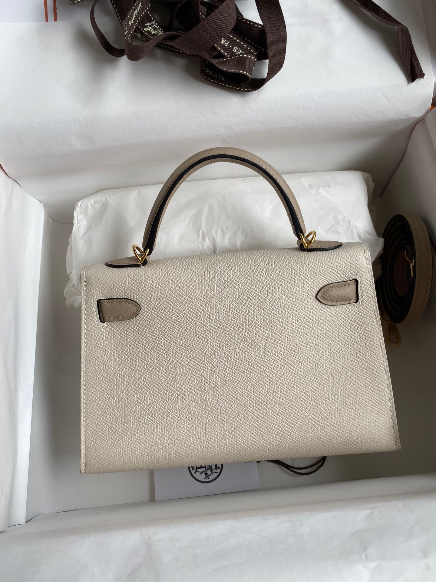 Hermes Kelly Mini II Sellier Bicolor Handmade Bag in Craie and Trench Epsom Calfskin