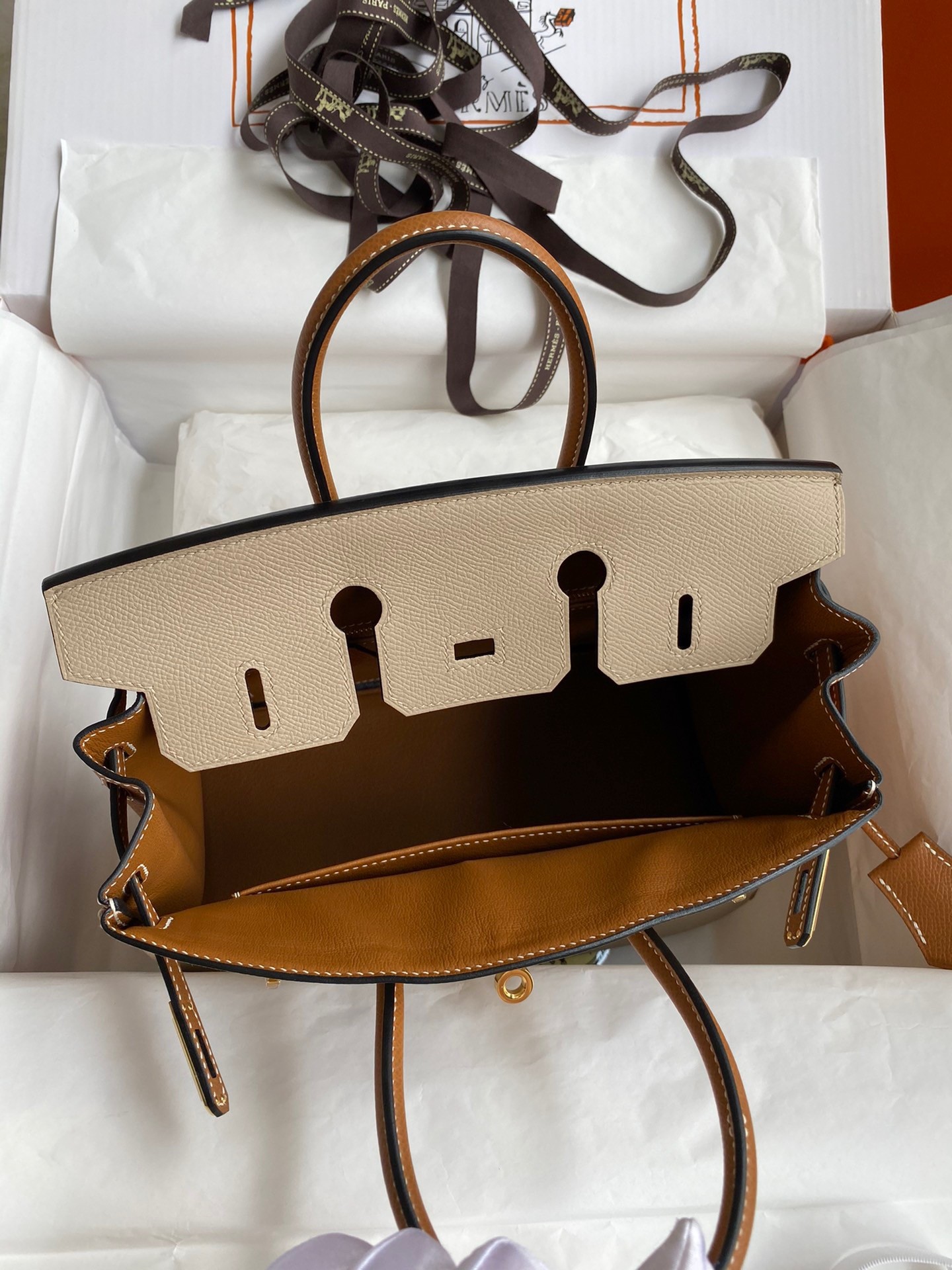 Hermes HSS Birkin 25 Bicolor Bag in Trench and Gold Epsom Calfskin