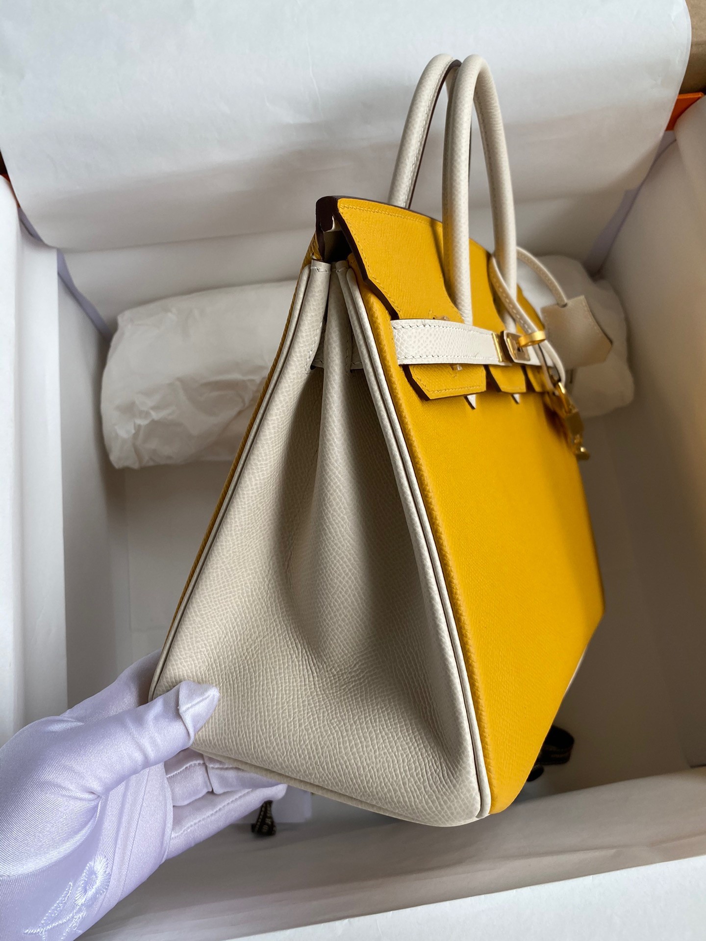 Hermes HSS Birkin 25 Bicolor Bag in Jaune d'or and Craie Epsom Calfskin