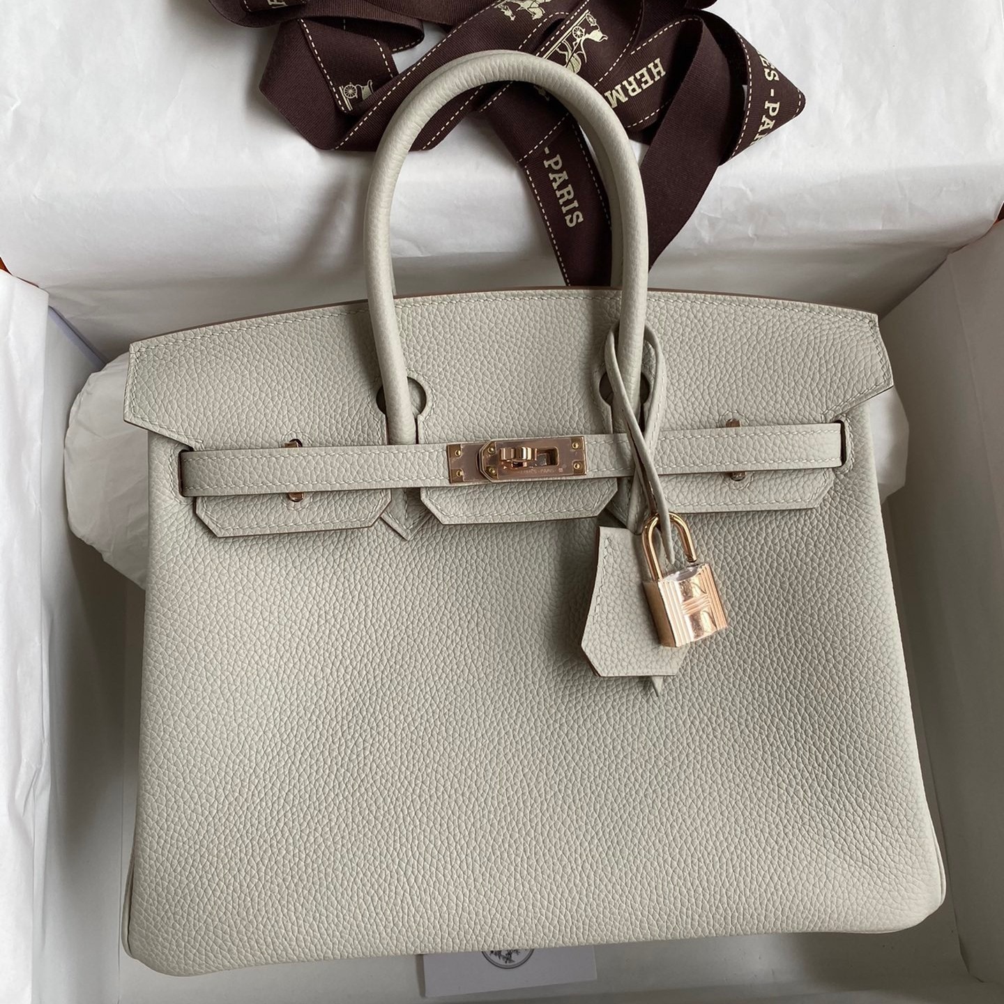 Hermes Birkin 25 Retourne Handmade Bag In Pearl Grey Clemence Leather