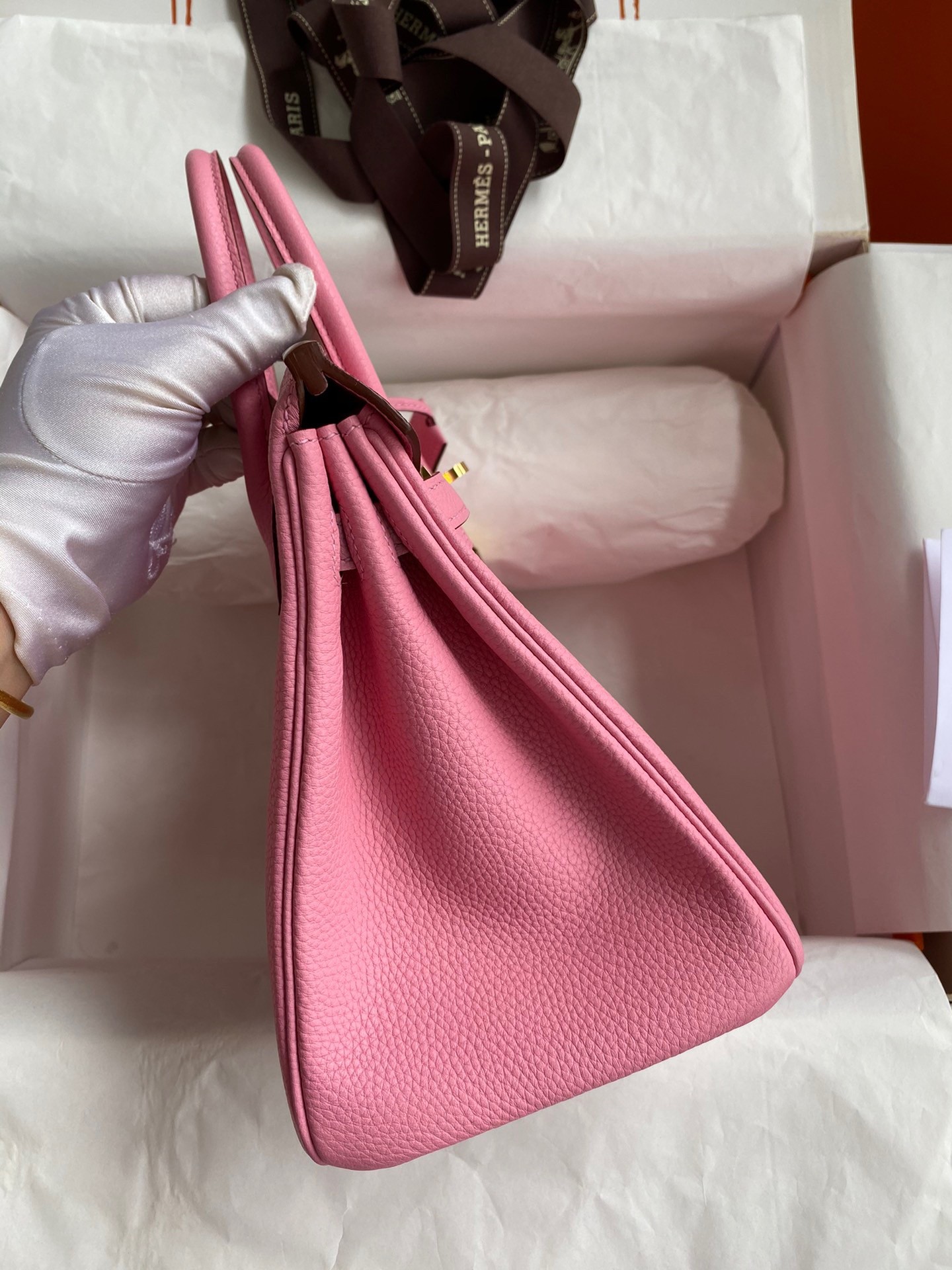 Hermes Birkin 25 Retourne Handmade Bag In Pink Clemence Leather