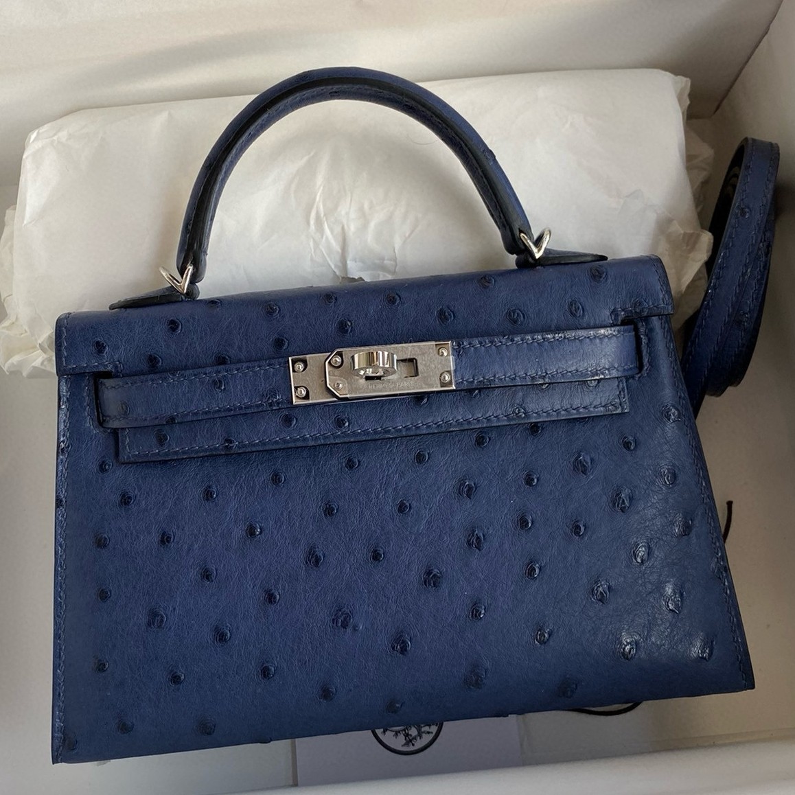 Hermes Kelly Mini II Sellier Handmade Bag In Blue Iris Ostrich Leather