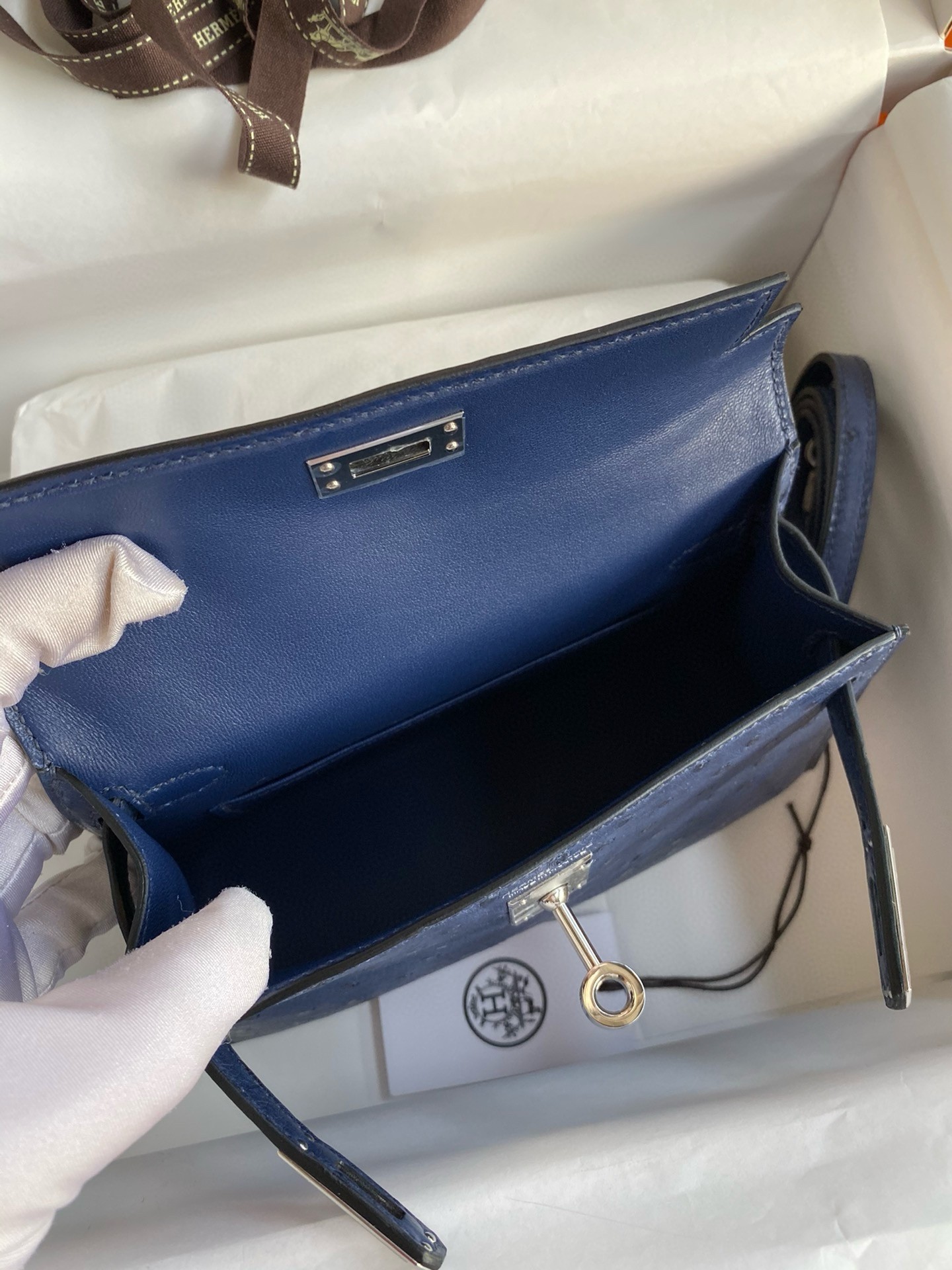 Hermes Kelly Mini II Sellier Handmade Bag In Blue Iris Ostrich Leather