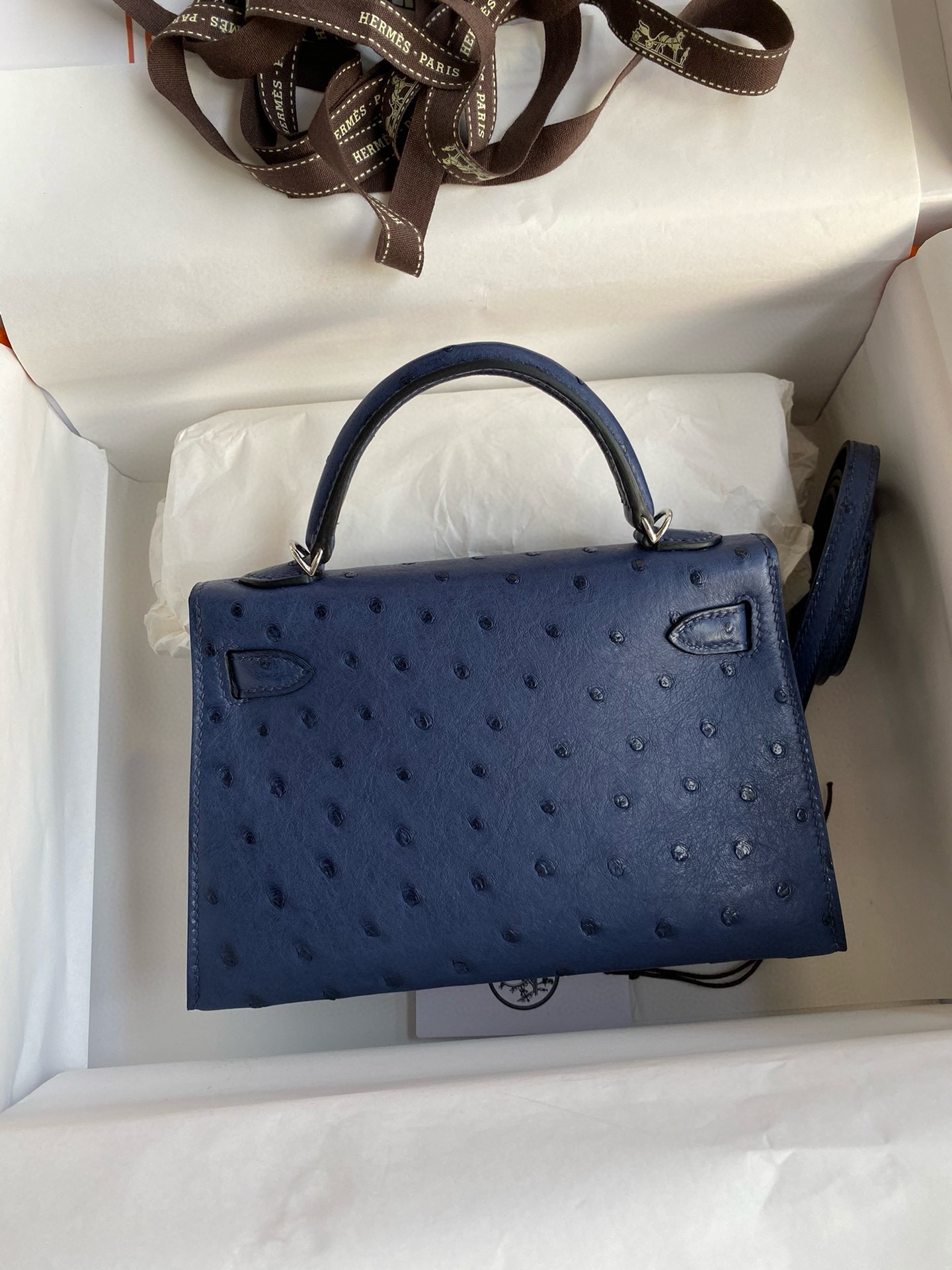 Hermes Kelly Mini II Sellier Handmade Bag In Blue Iris Ostrich Leather