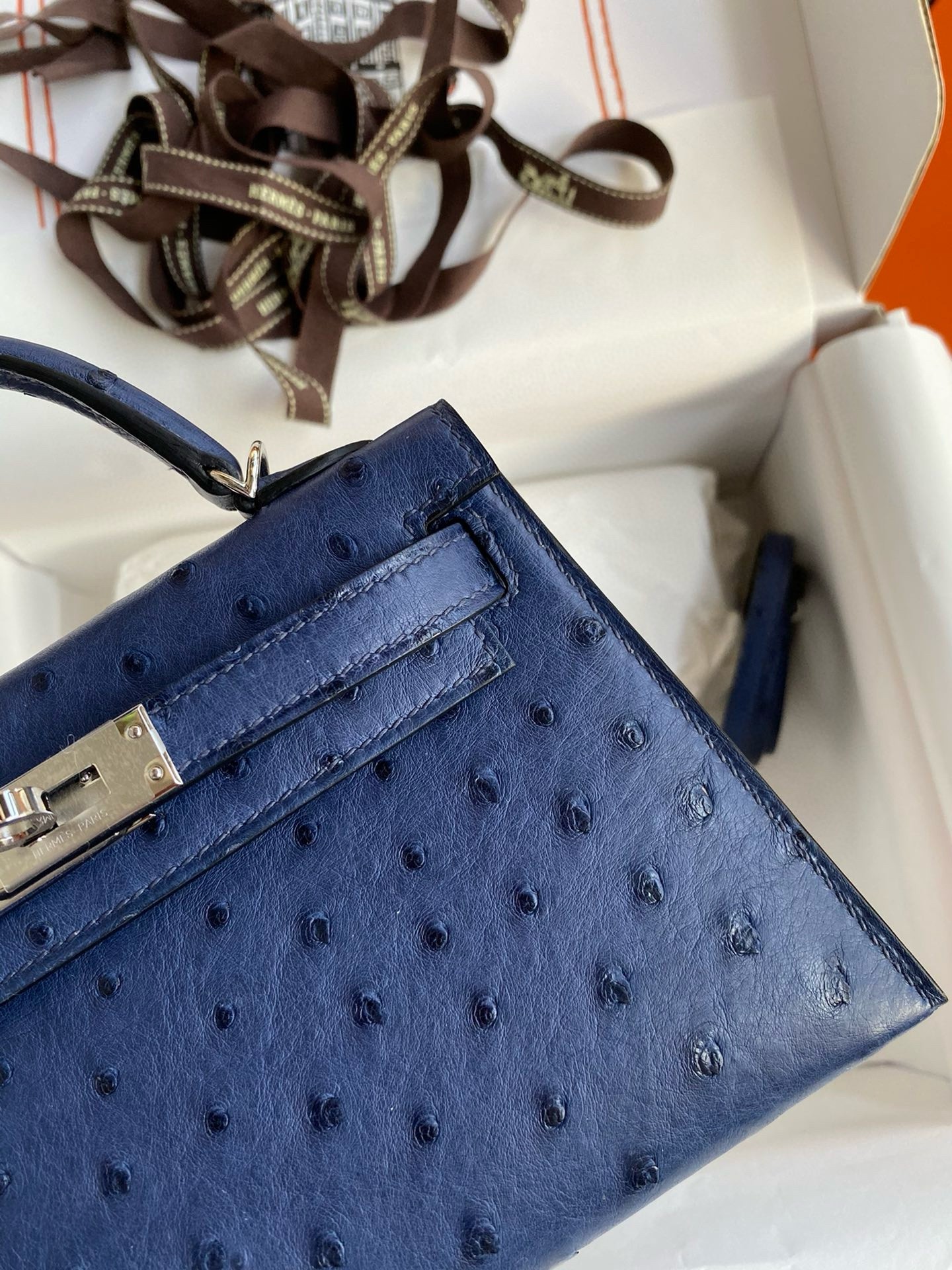 Hermes Kelly Mini II Sellier Handmade Bag In Blue Iris Ostrich Leather