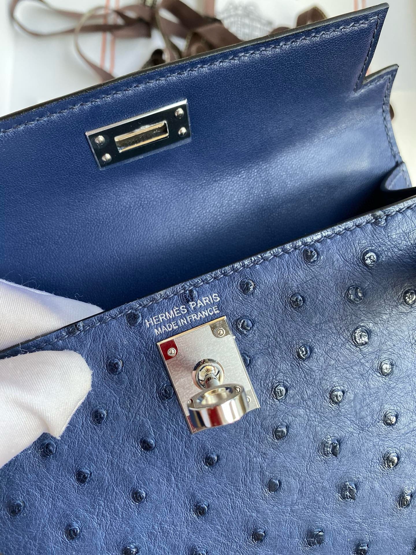 Hermes Kelly Mini II Sellier Handmade Bag In Blue Iris Ostrich Leather