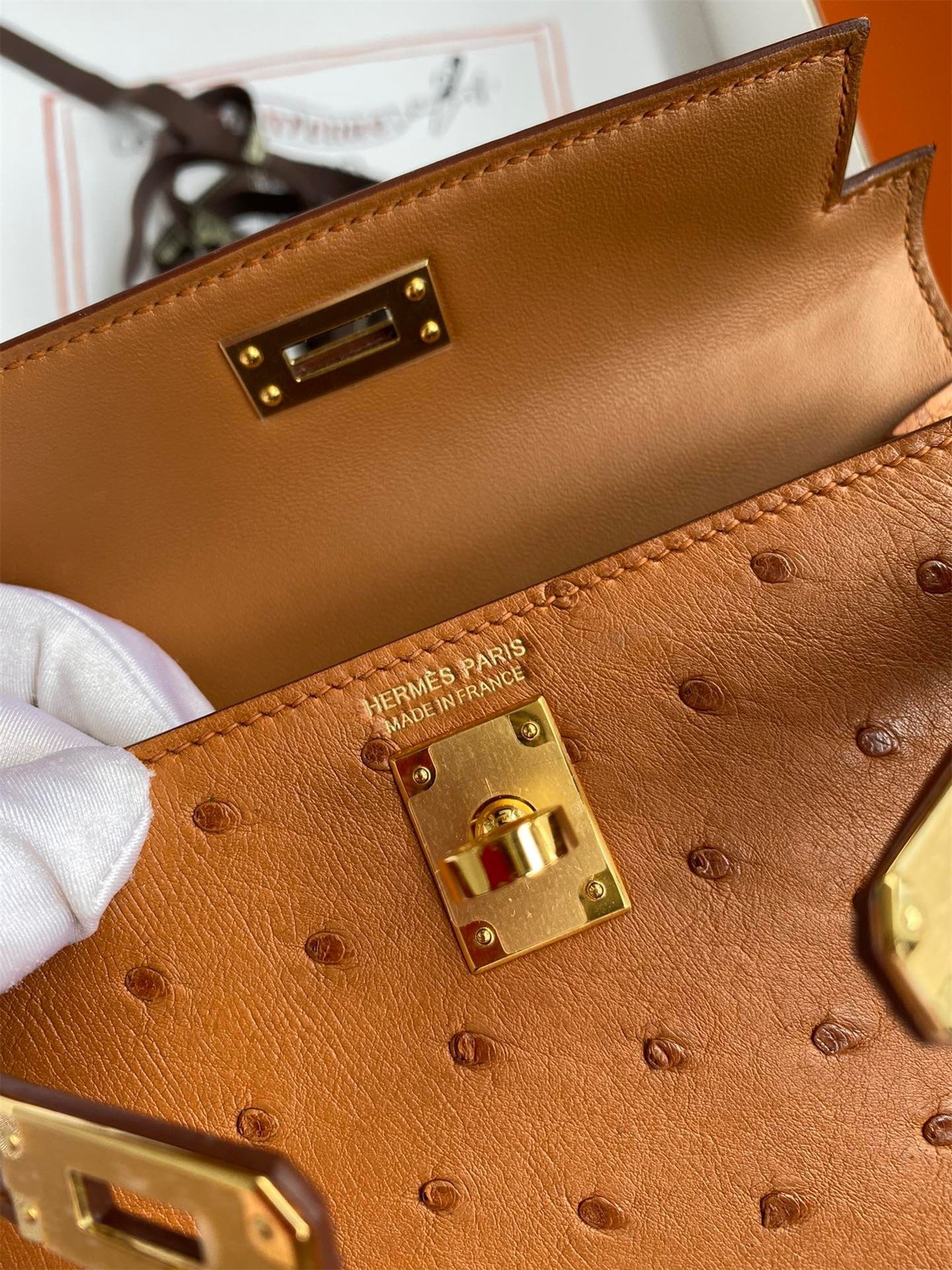 Hermes Kelly Mini II Sellier Handmade Bag In Gold Ostrich Leather