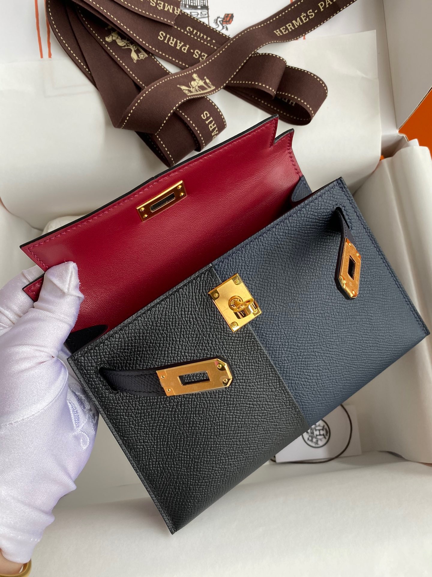 Hermes Kelly Mini II Sellier Tri-color Bag In Black/Blue Indigo/Red Calfskin