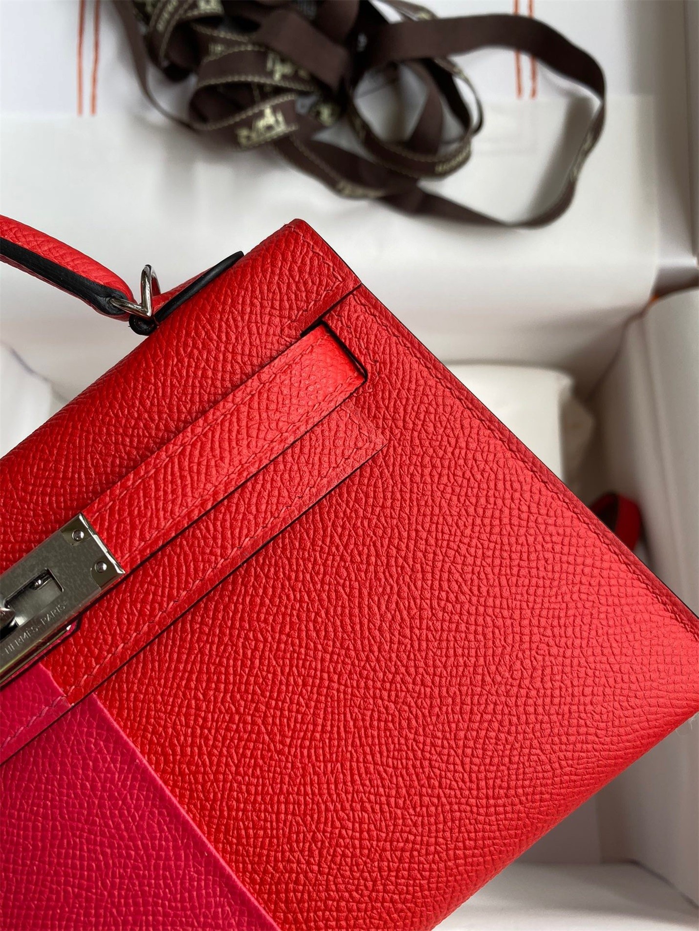 Hermes Kelly Mini II Sellier Tri-color Bag In Red/Rose Extreme/Blue Epsom Calfskin